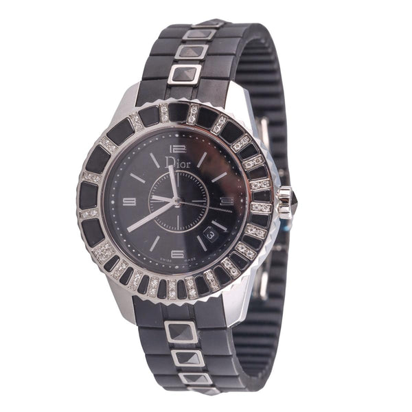 Christian Dior Christal Black Rubber Diamond Steel Watch CD113115