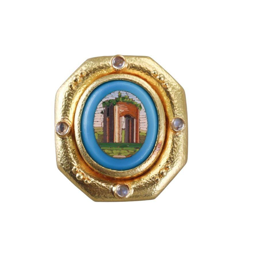 Elizabeth Locke Gold Turquoise Micro Mosaic Moonstone Brooch Pendant