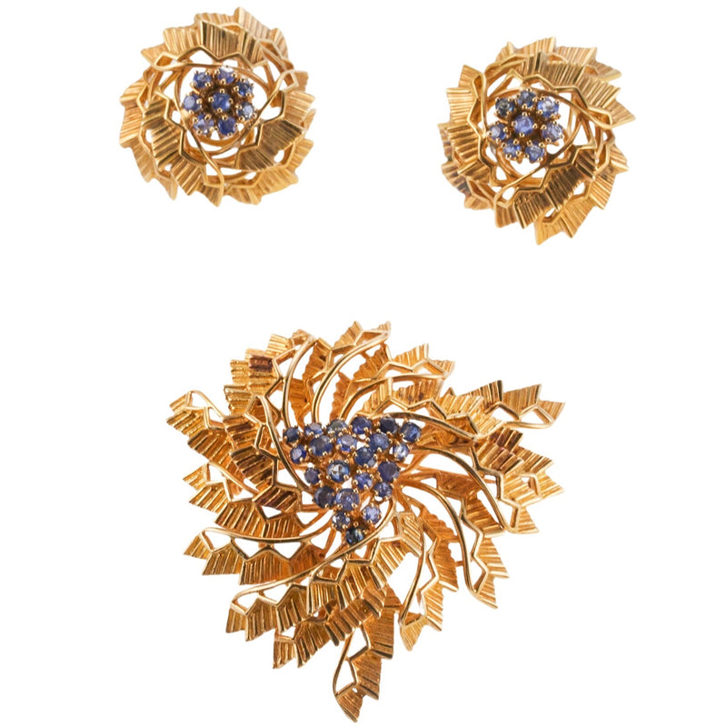 Tiffany & Co 1960s Gold Sapphire Earrings Brooch Set