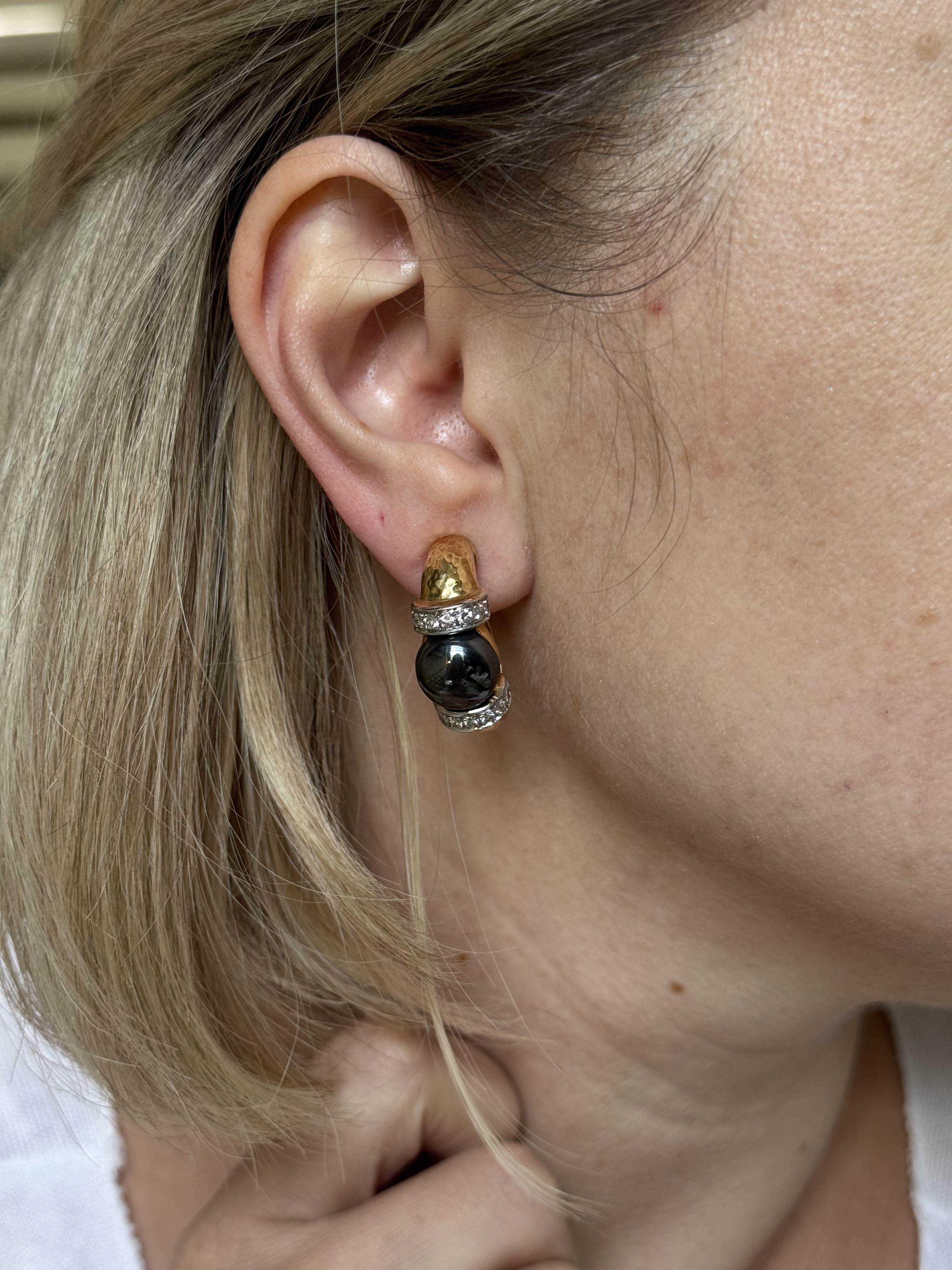 1980s Hammered Finish Gold Diamond Hematite Hoop Earrings