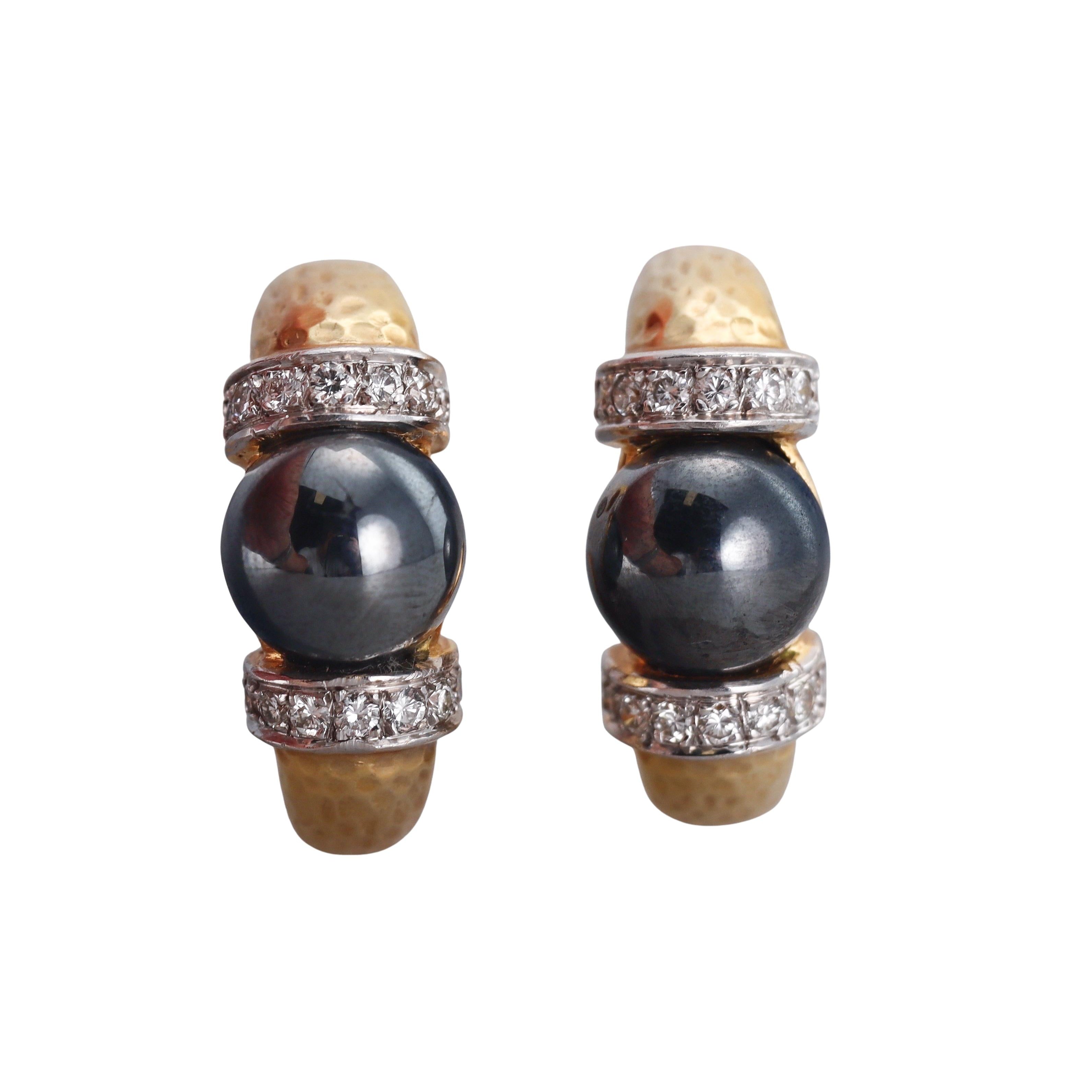 1980s Hammered Finish Gold Diamond Hematite Hoop Earrings