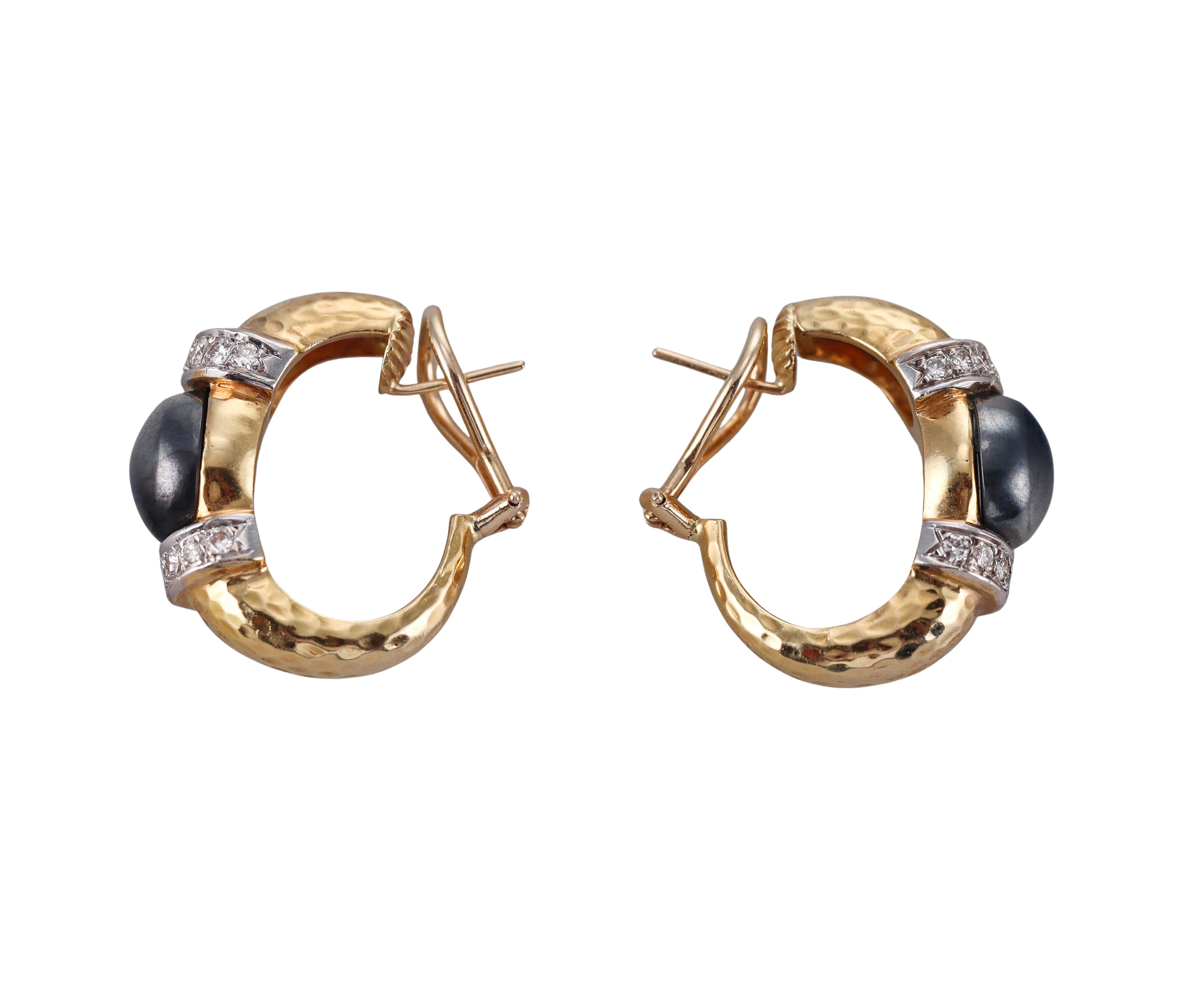 1980s Hammered Finish Gold Diamond Hematite Hoop Earrings
