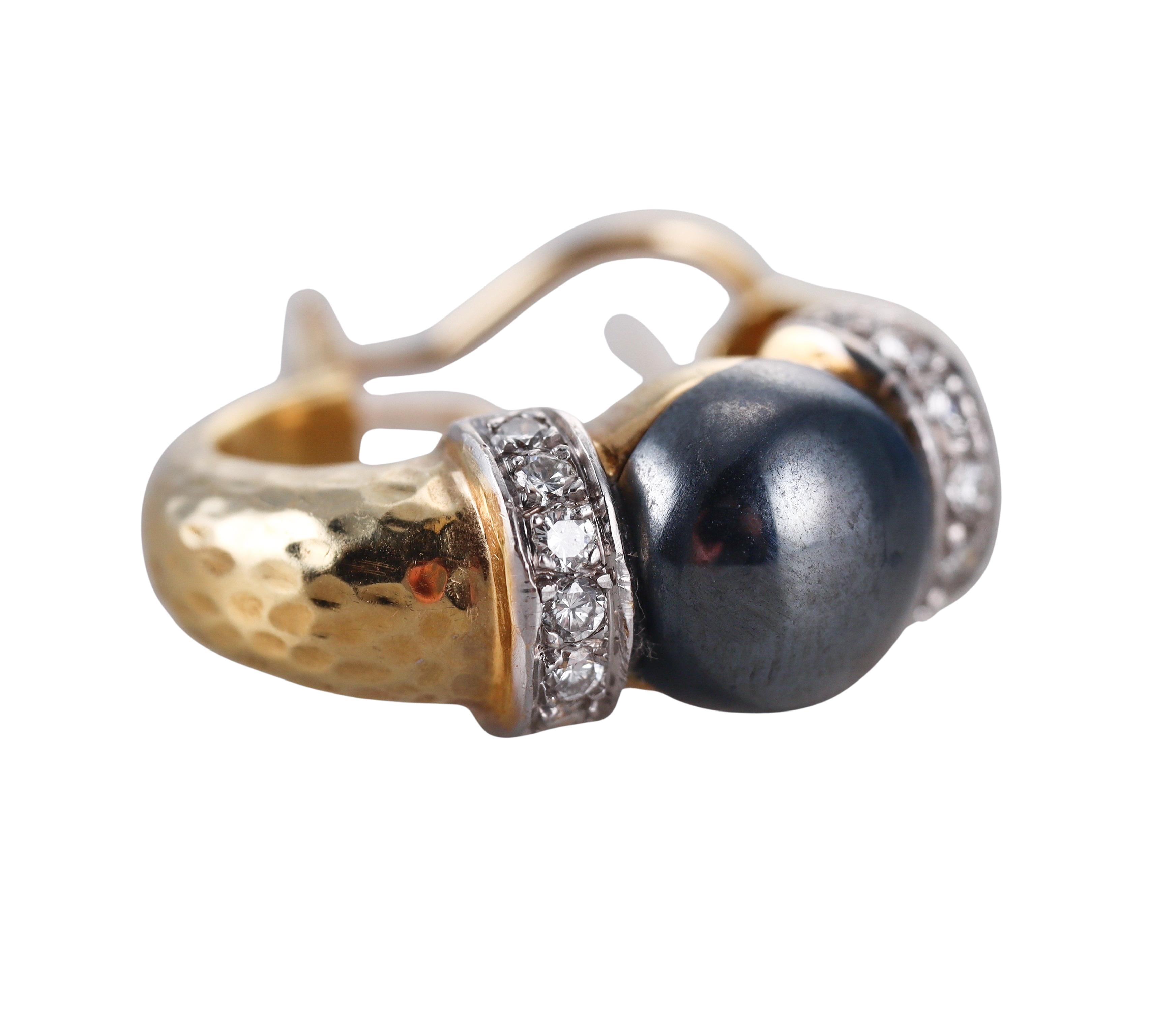1980s Hammered Finish Gold Diamond Hematite Hoop Earrings