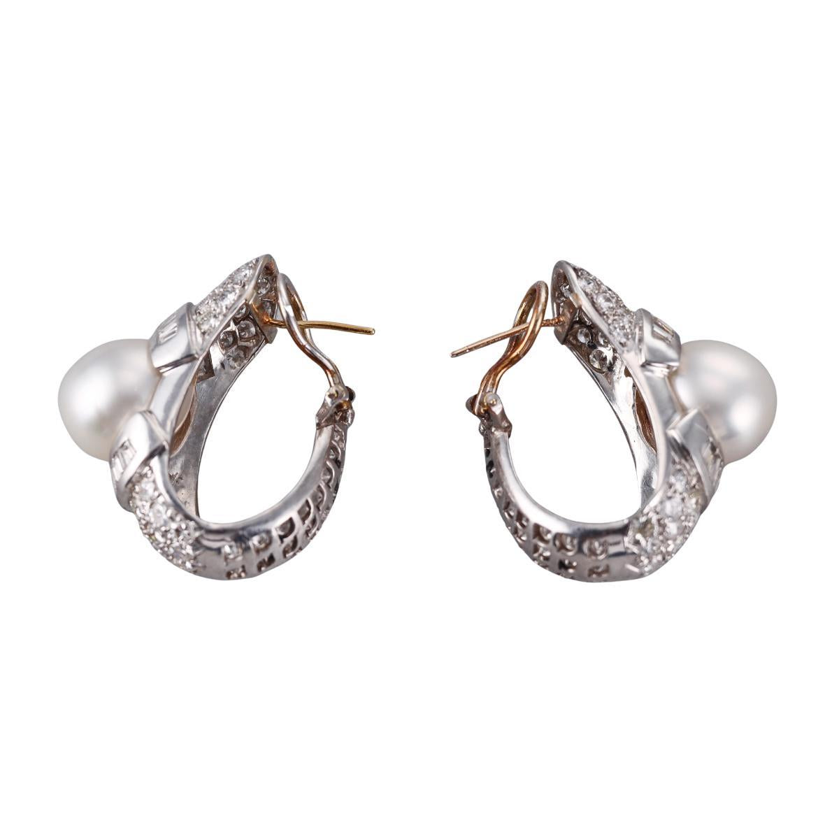 Platinum Diamond South Sea Pearl Hoop Earrings