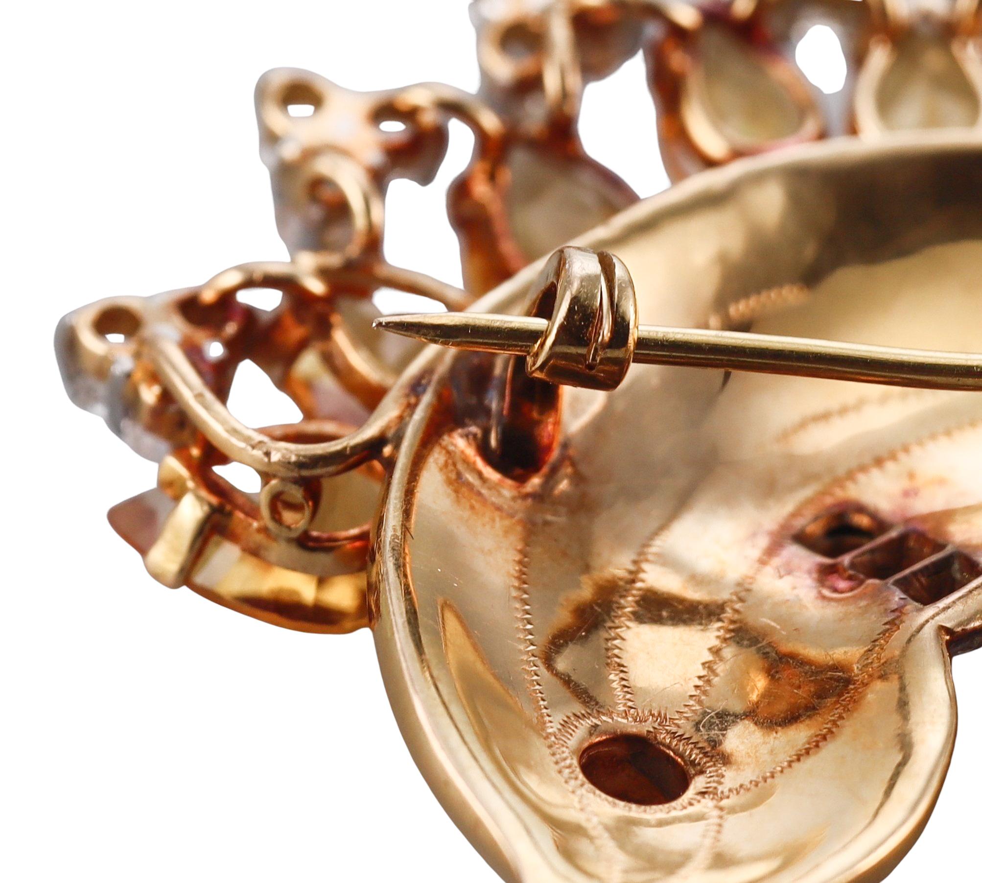 Continental Mid Century Diamond Citrine Gold Fish Brooch