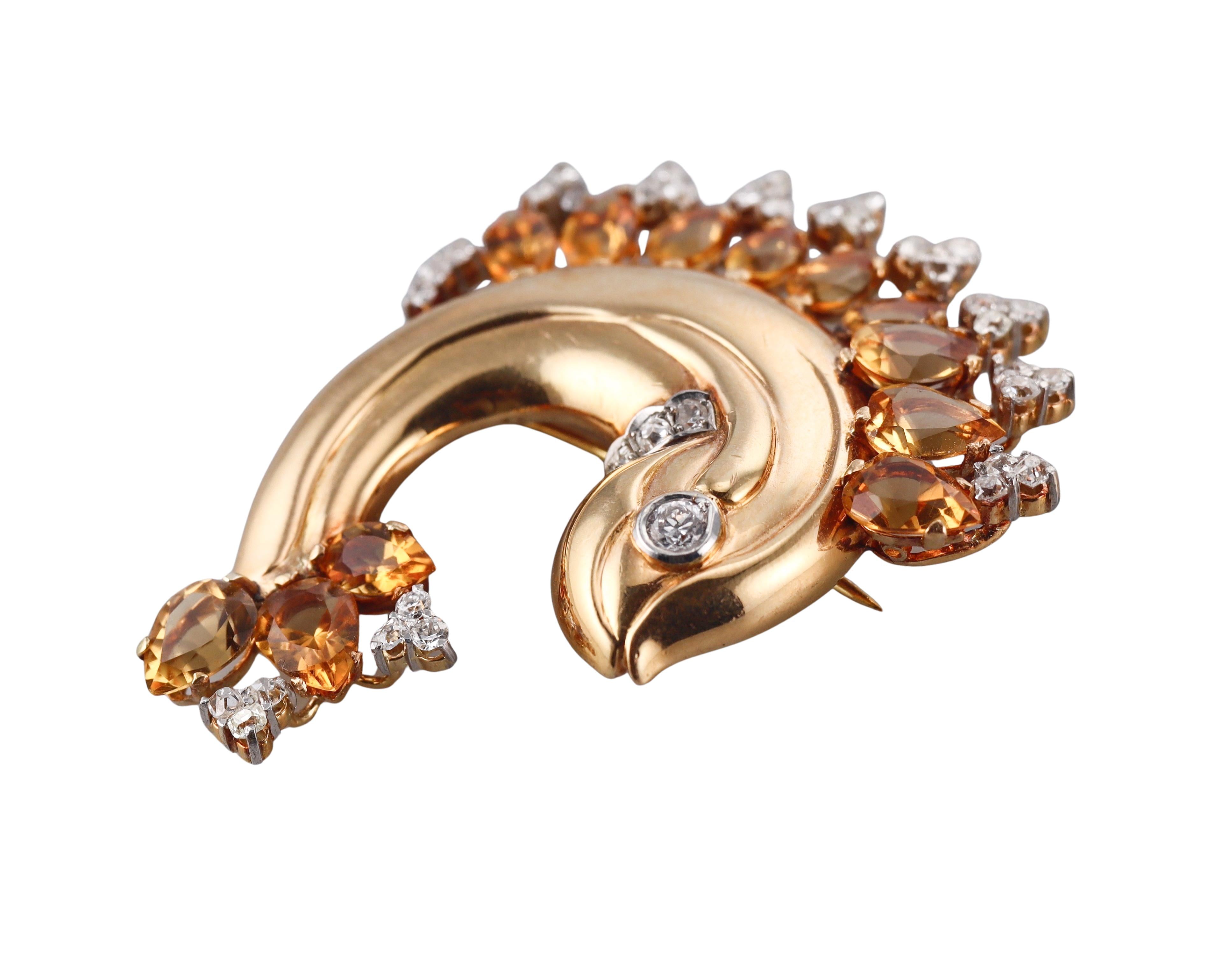 Continental Mid Century Diamond Citrine Gold Fish Brooch
