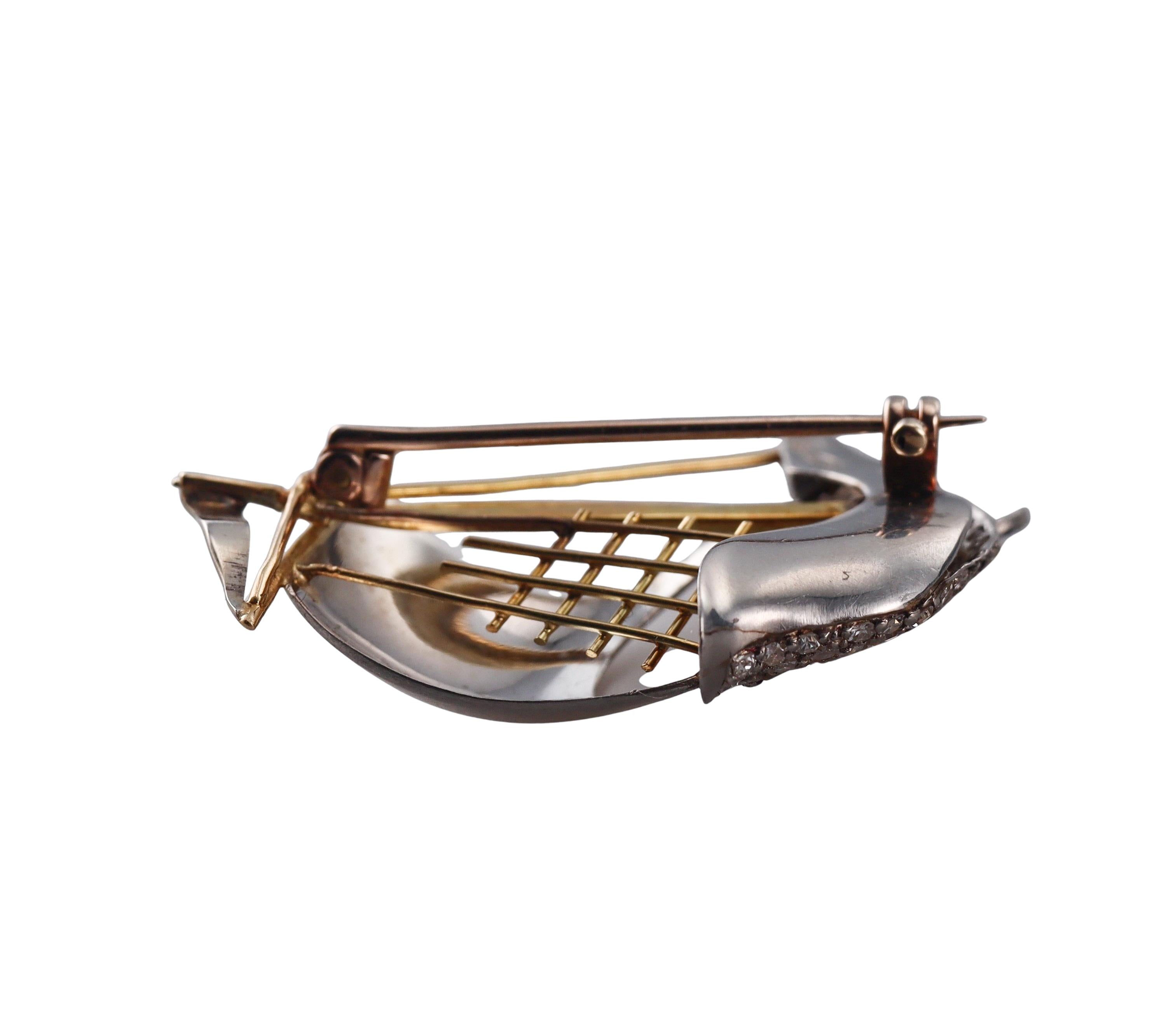 Antique Scottish Gold Platinum Diamond Ruby Sapphire Sailboat Brooch