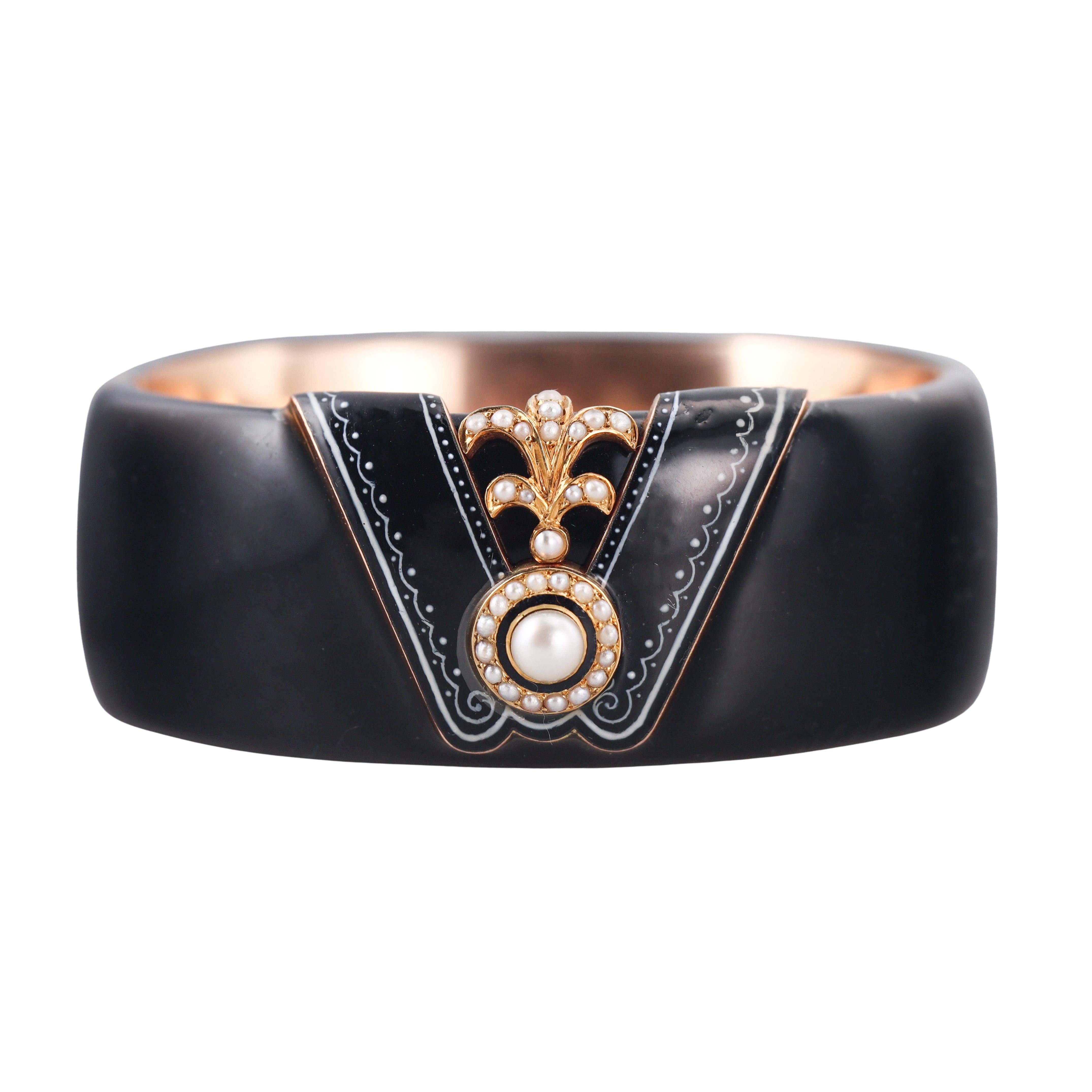 Antique Victorian English Gold Enamel Seed Pearl Bracelet