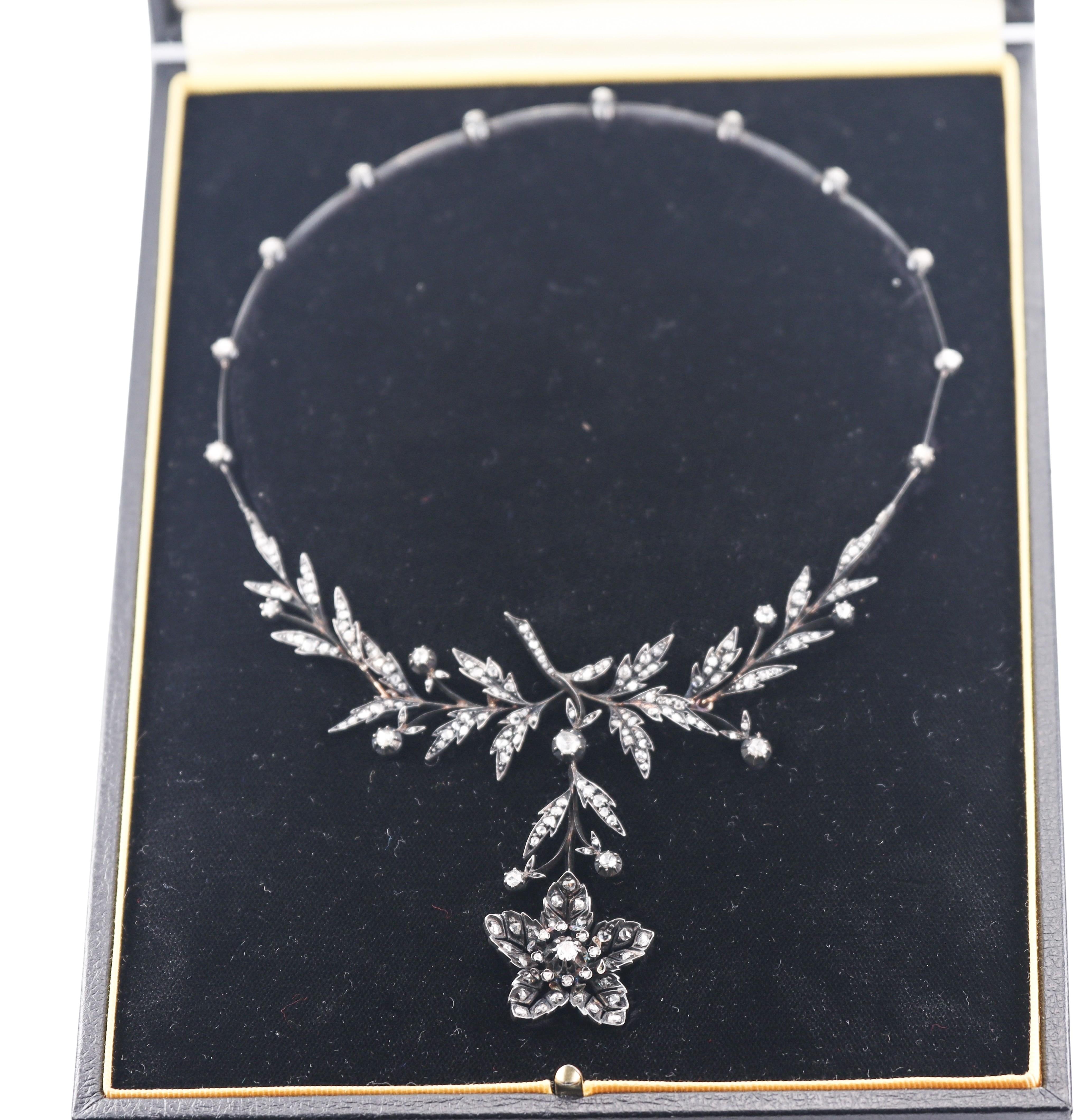 Antique Victorian Rose Cut Diamond Silver Gold Flower Necklace