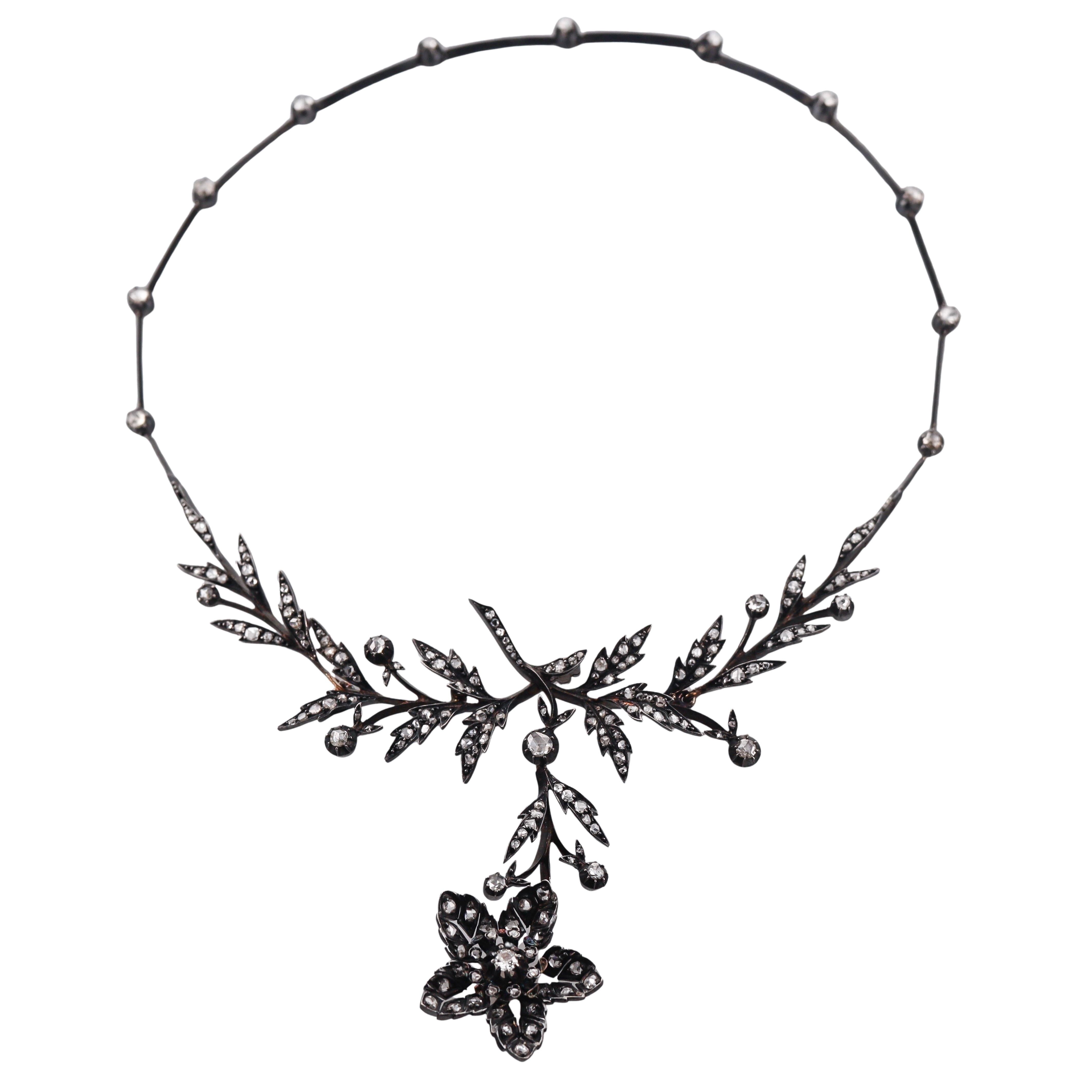 Antique Victorian Rose Cut Diamond Silver Gold Flower Necklace