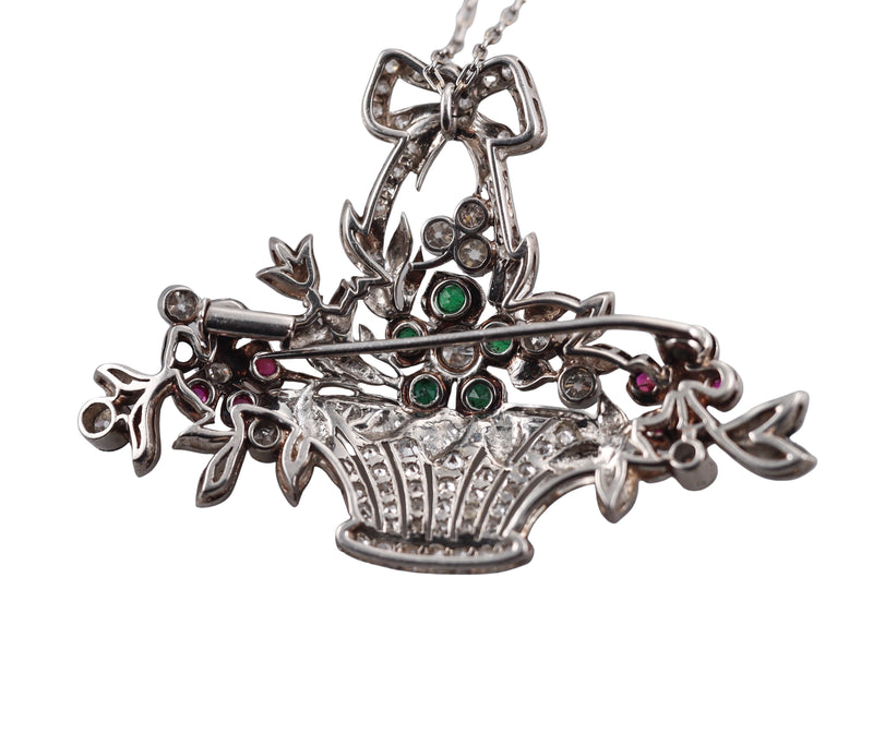 Midcentury Platinum Diamond Ruby Emerald Basket Brooch Silver Pendant Necklace