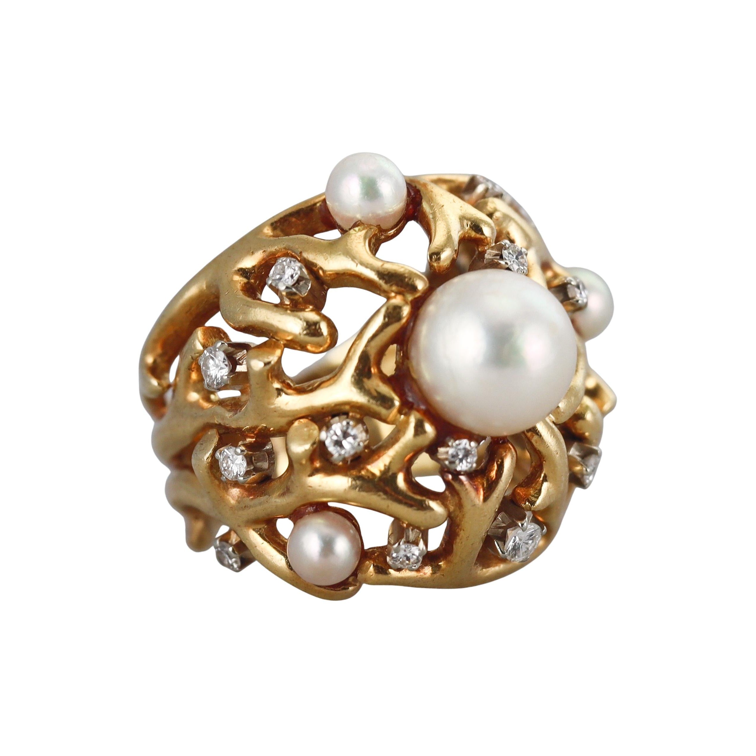Tiffany & Co Vintage Pearl Diamond Gold Dome Ring