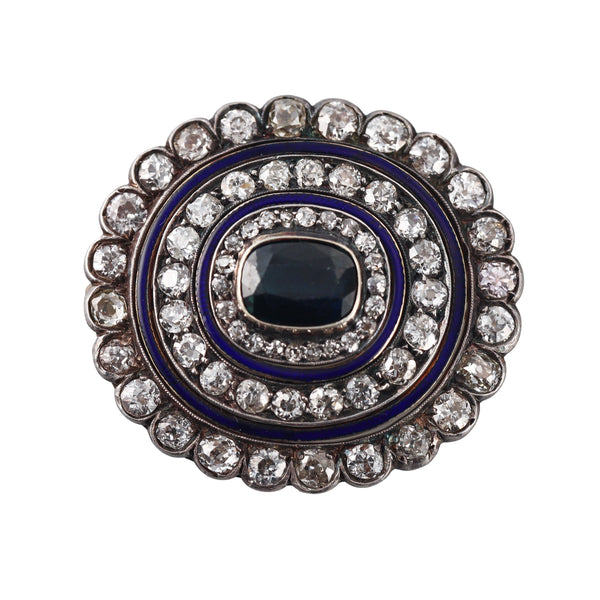 Antique Gold Silver Diamond Enamel Sapphire Pendant Brooch