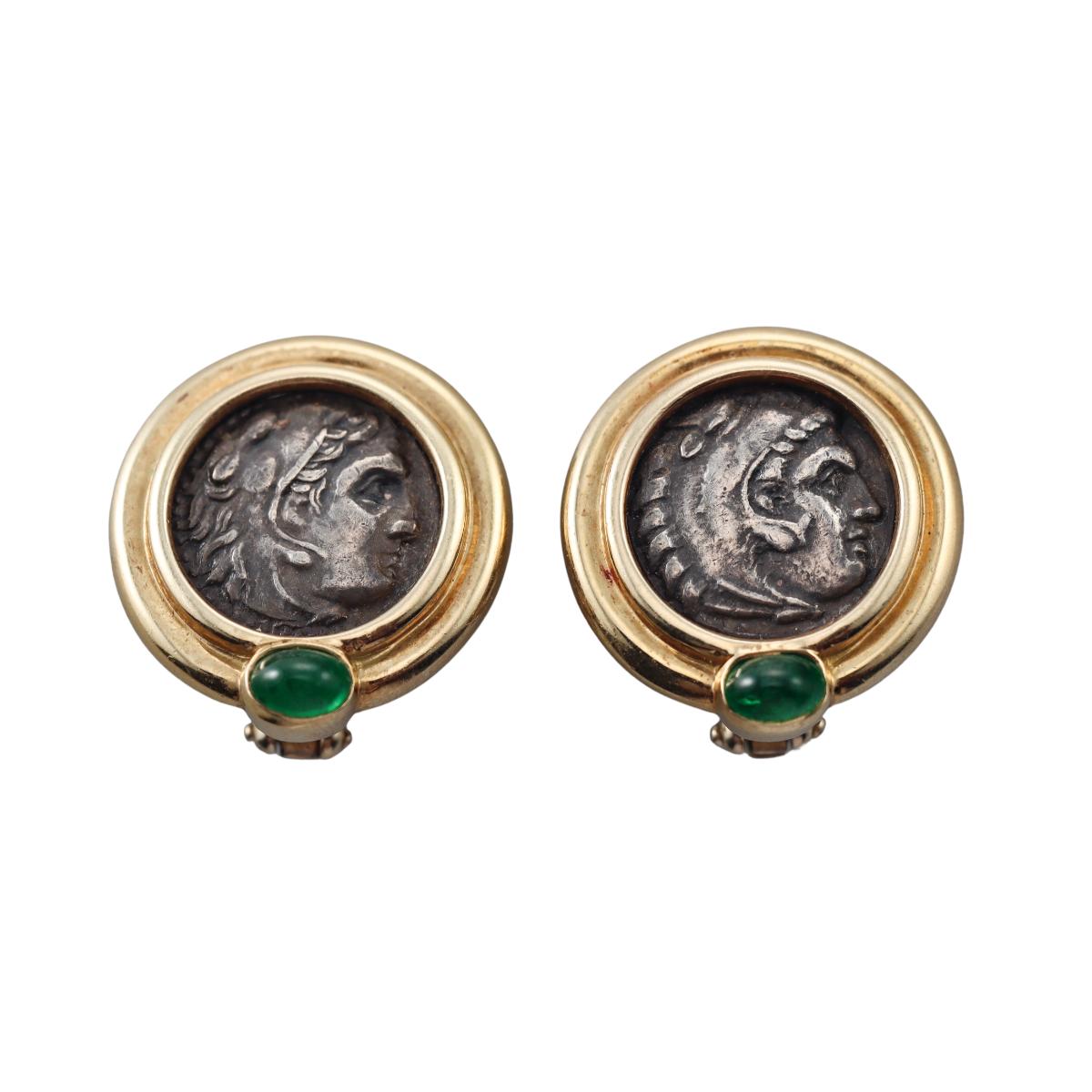 Gold Emerald Coin Earrings