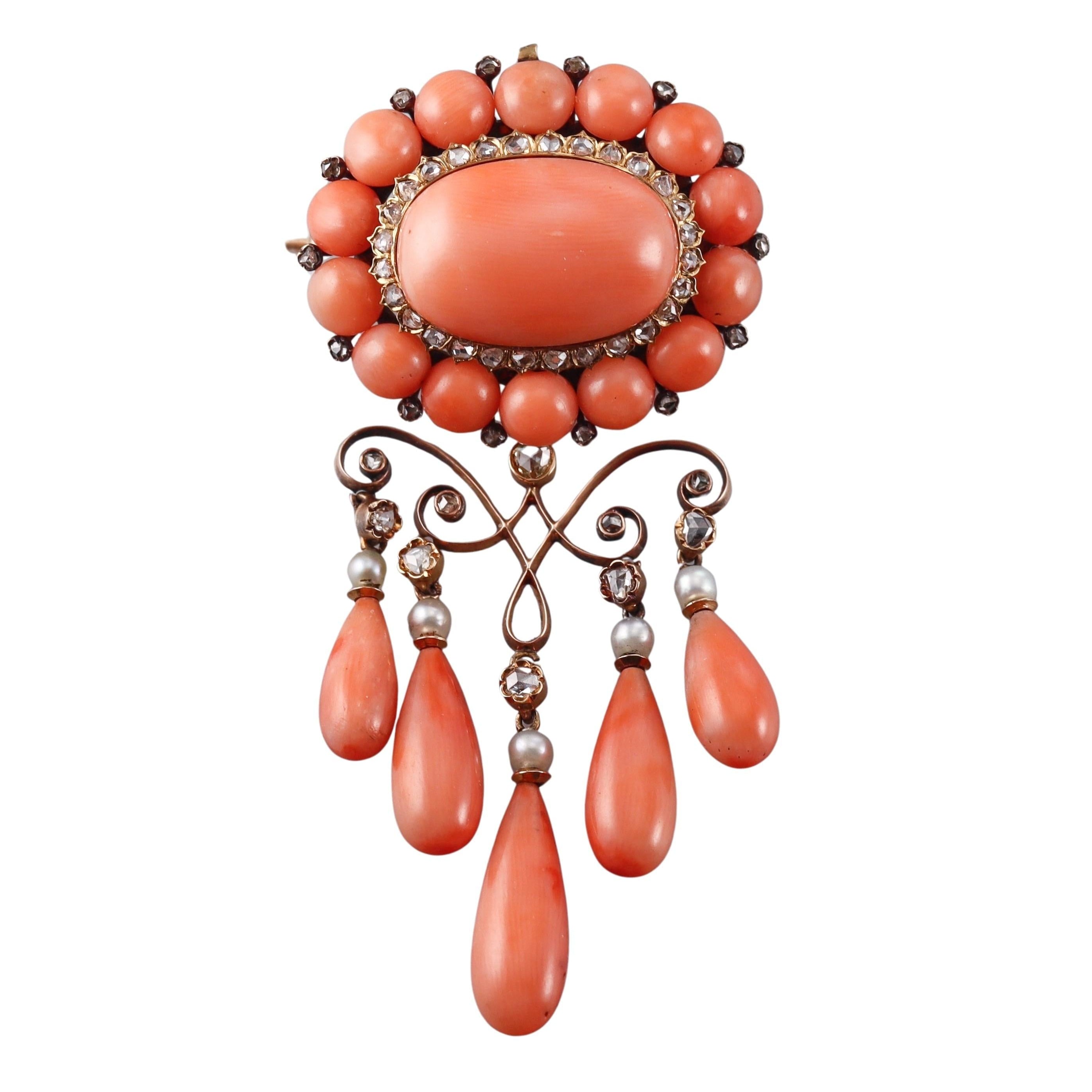 French Antique Georgian Coral Diamond Pearl Gold Brooch