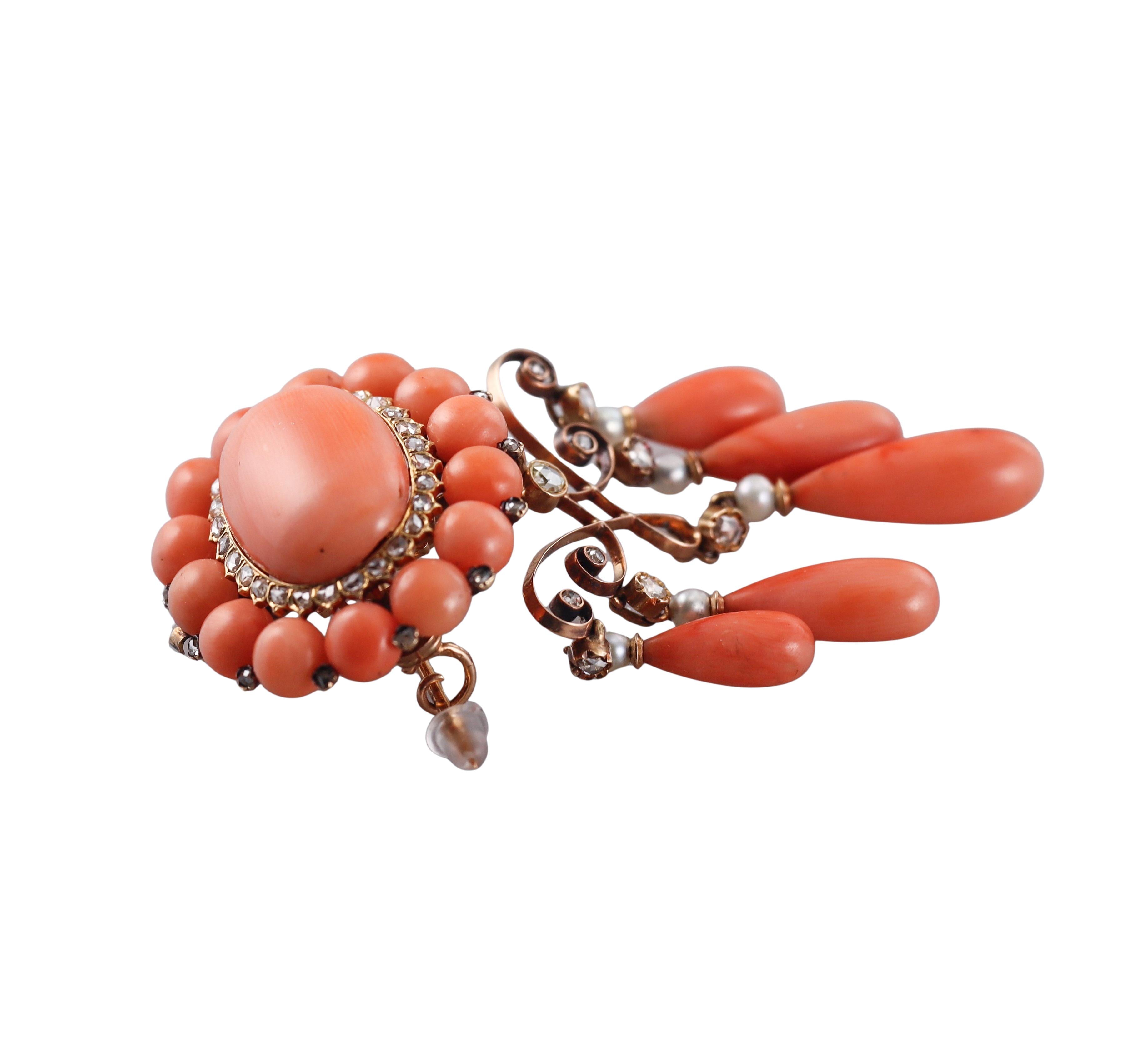 French Antique Georgian Coral Diamond Pearl Gold Brooch