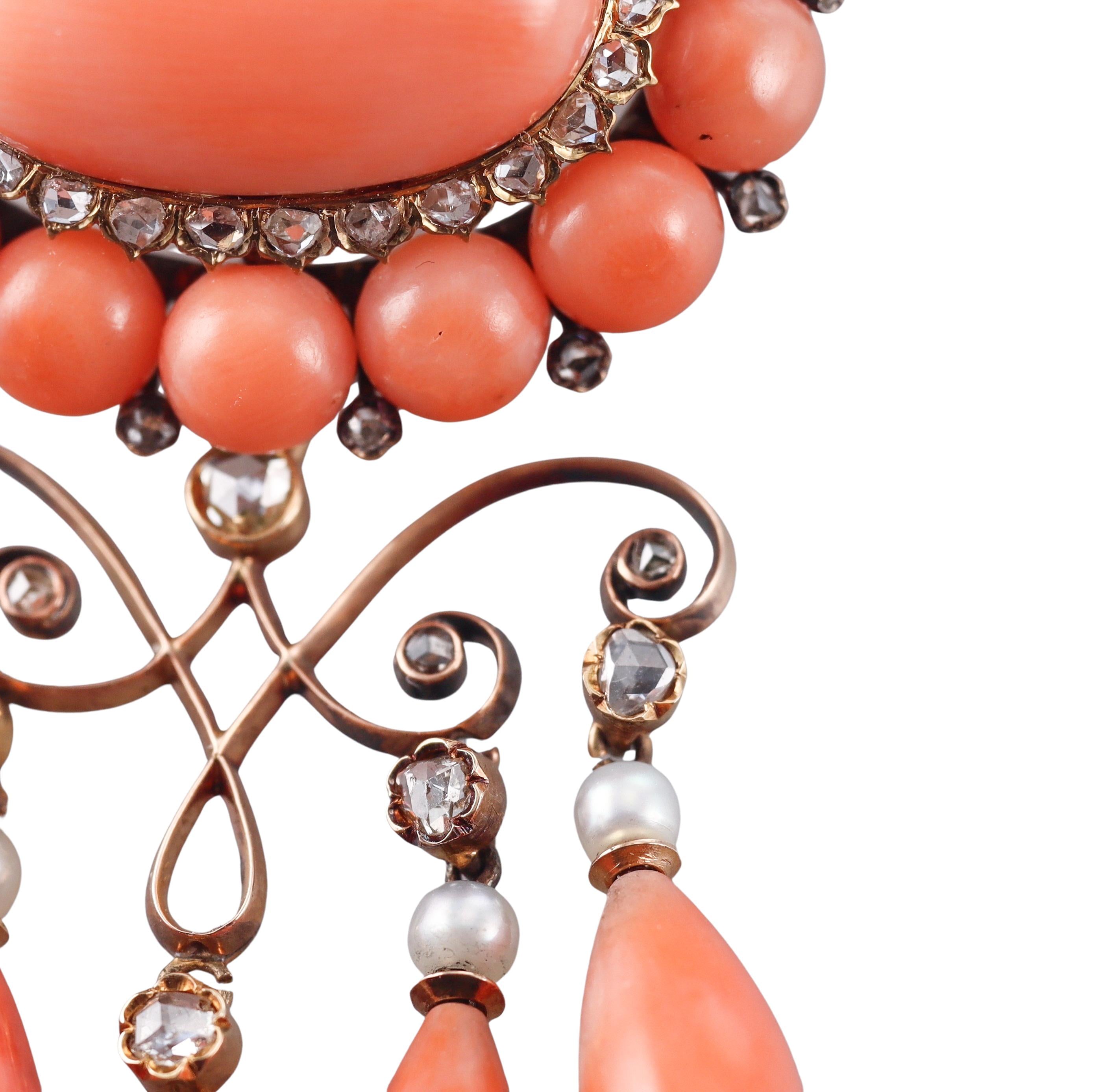 French Antique Georgian Coral Diamond Pearl Gold Brooch