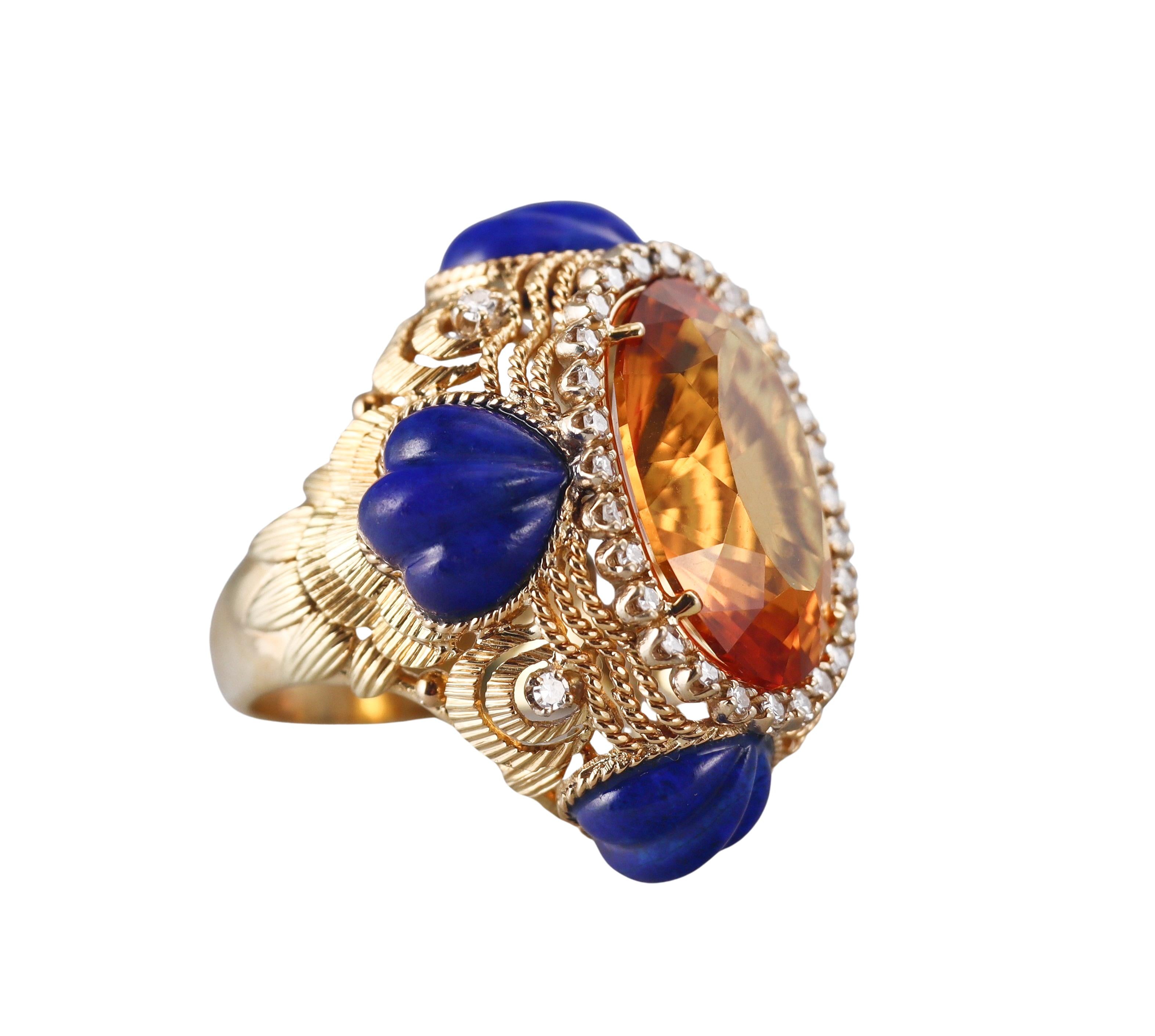 1960s Vintage 30 Carat Citrine Diamond Lapis Gold Cocktail Ring