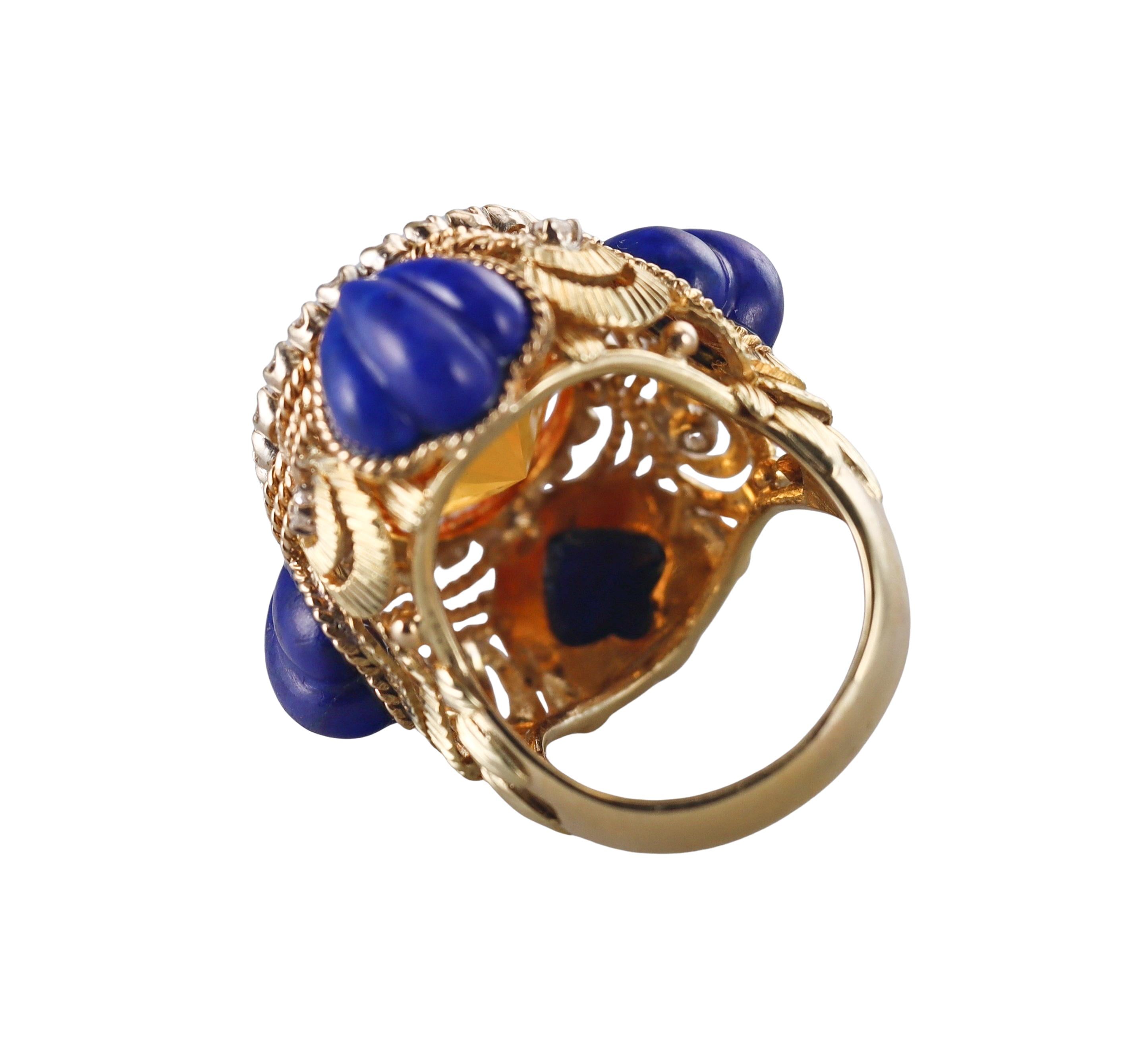 1960s Vintage 30 Carat Citrine Diamond Lapis Gold Cocktail Ring