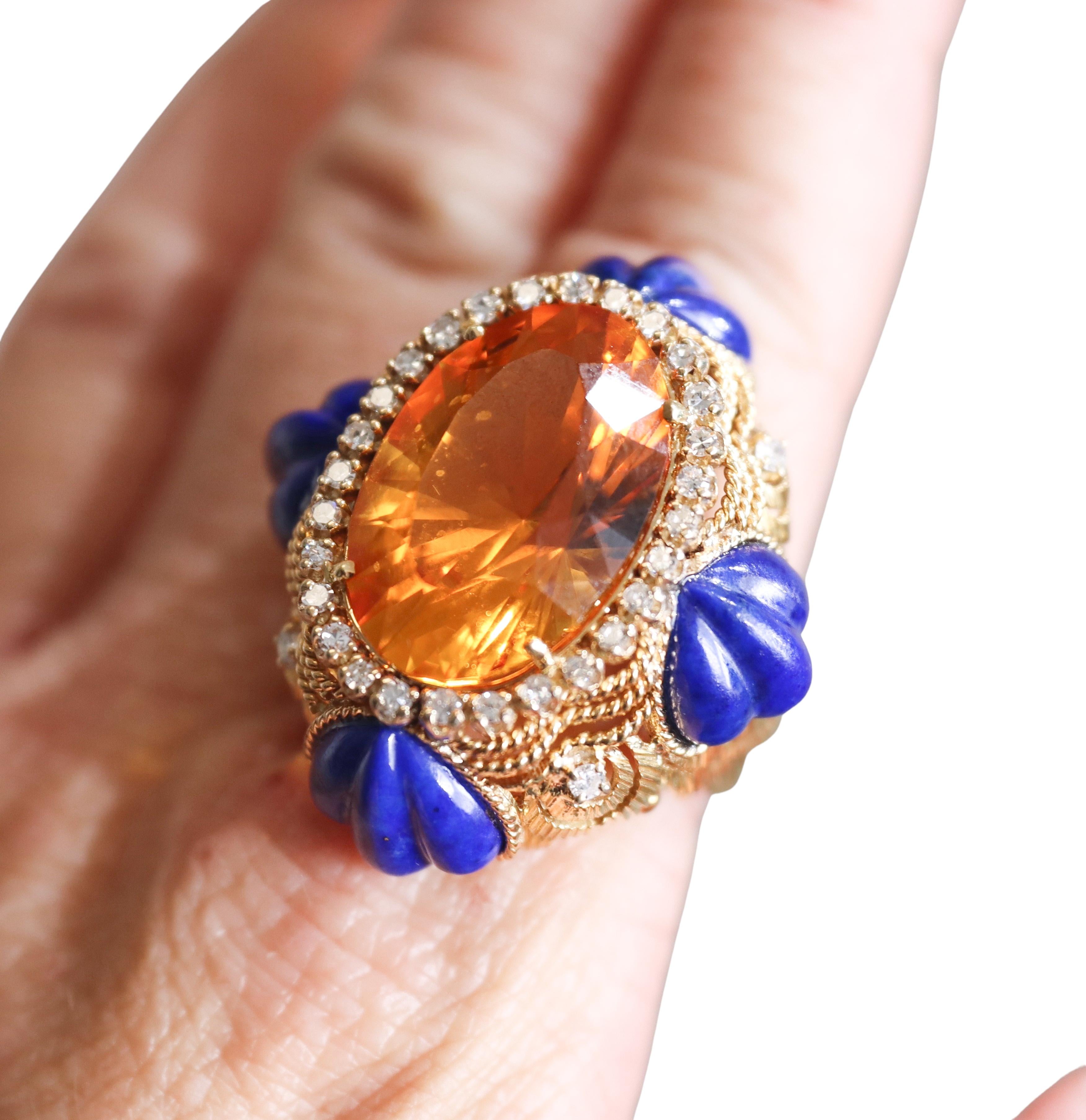 1960s Vintage 30 Carat Citrine Diamond Lapis Gold Cocktail Ring