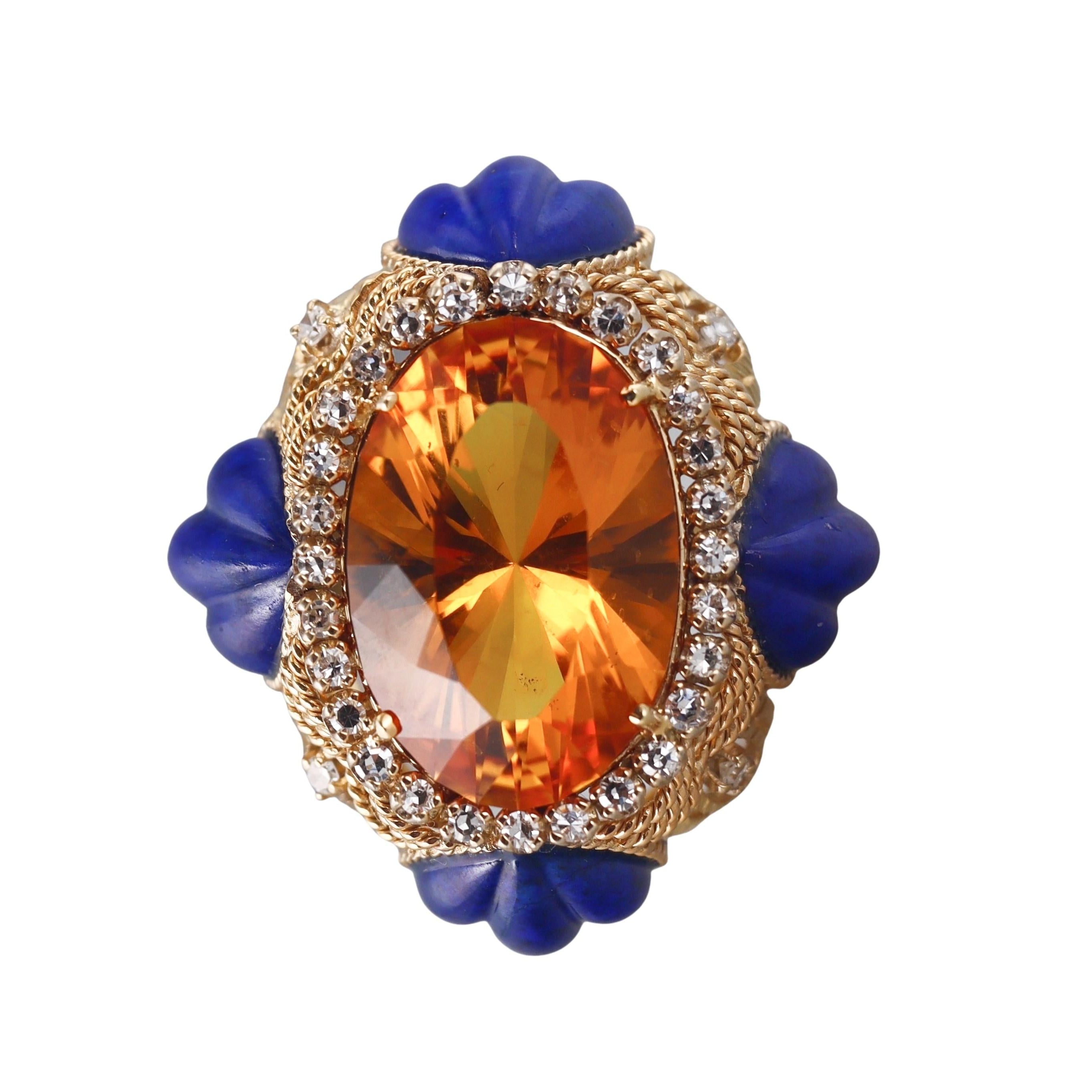 1960s Vintage 30 Carat Citrine Diamond Lapis Gold Cocktail Ring