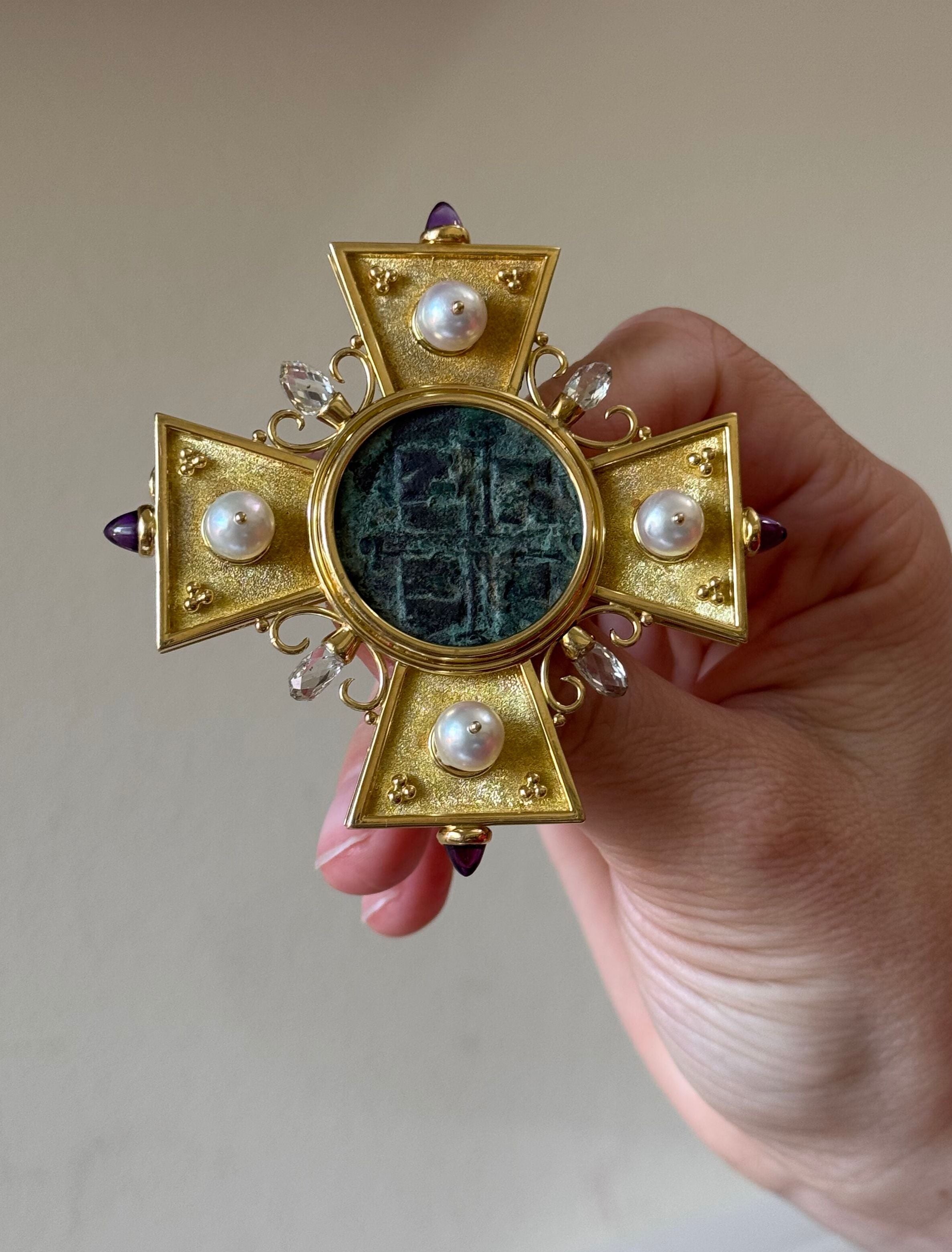 Gold Ancient Coin Diamond Amethyst Pearl Maltese Cross Brooch