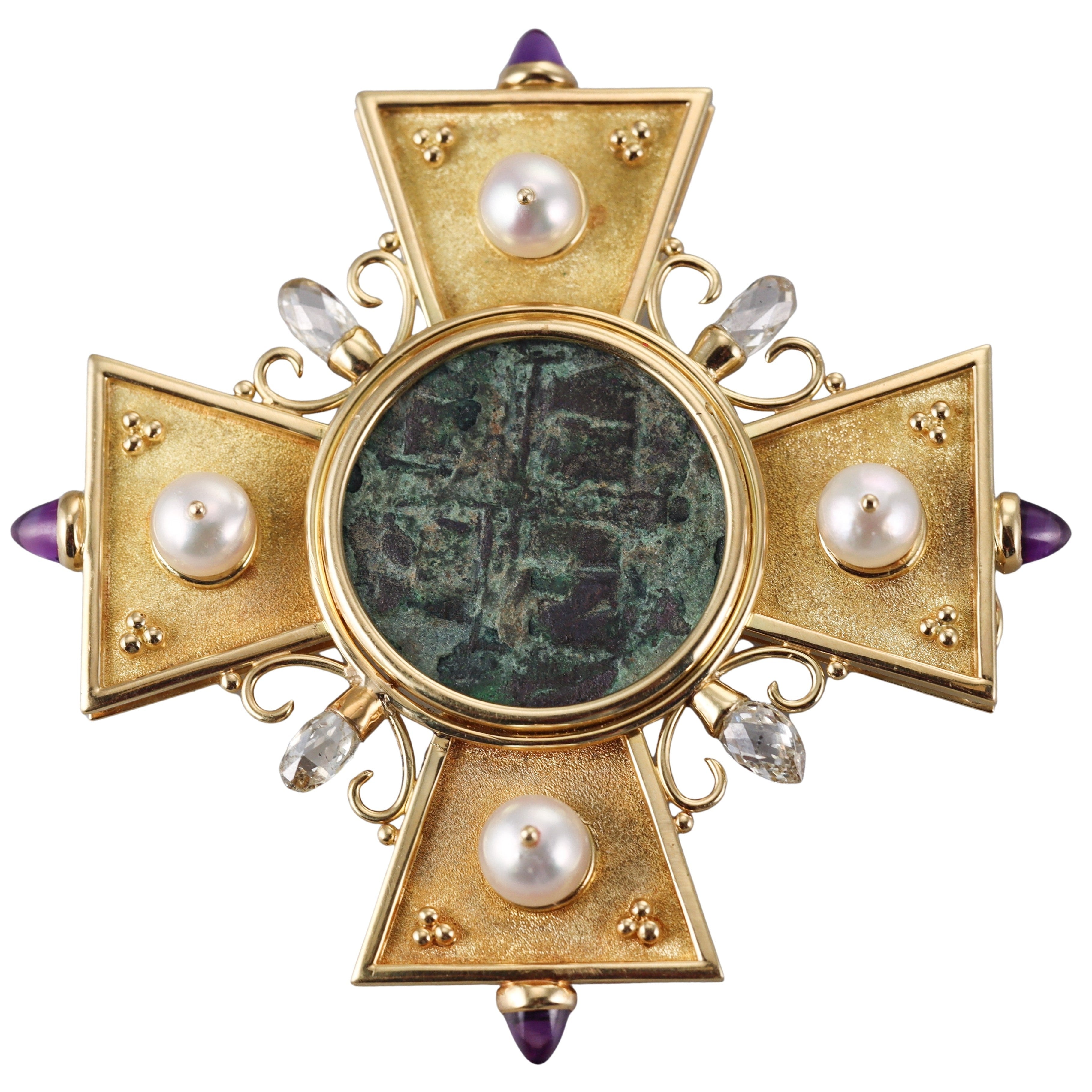 Gold Ancient Coin Diamond Amethyst Pearl Maltese Cross Brooch
