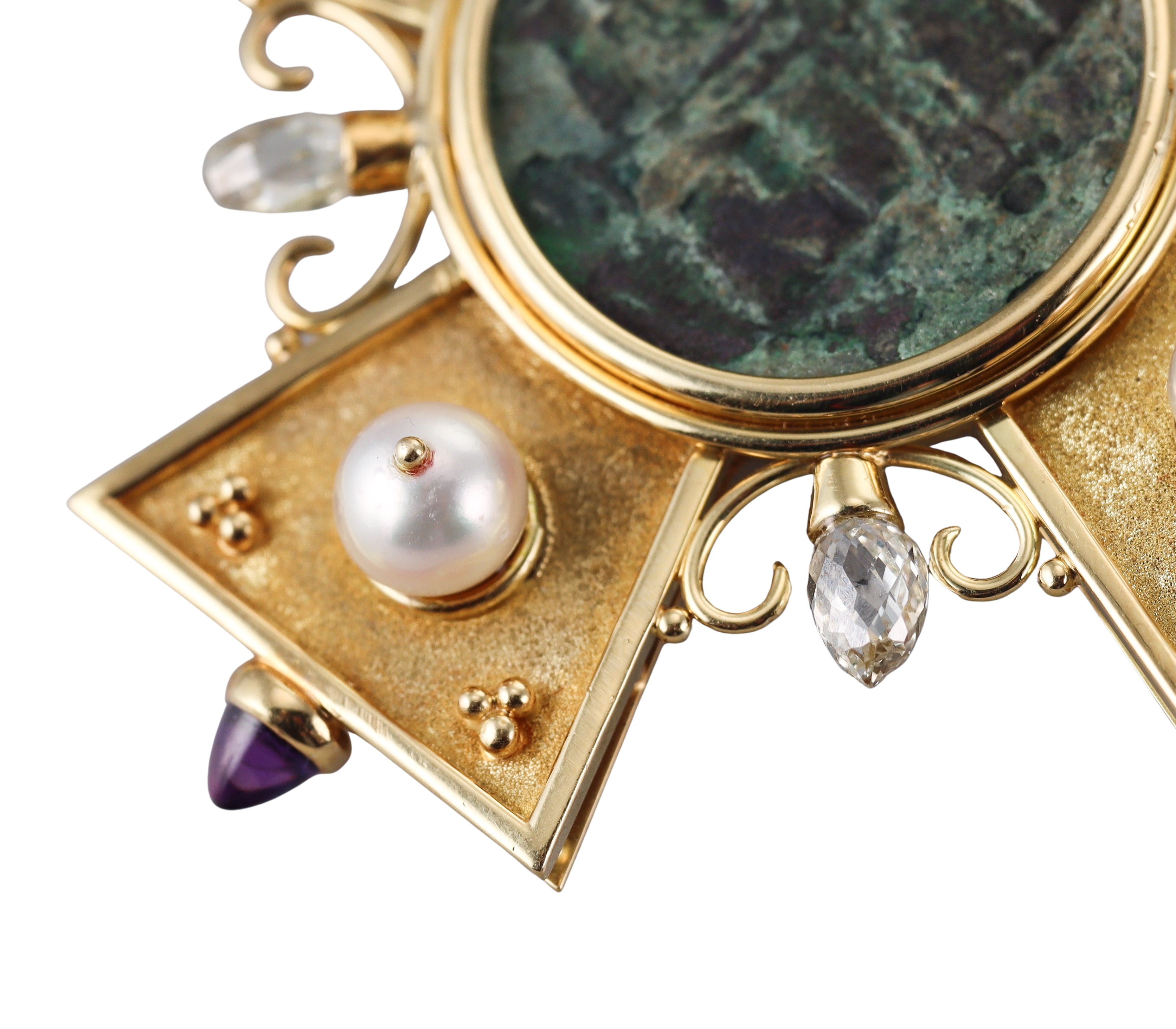 Gold Ancient Coin Diamond Amethyst Pearl Maltese Cross Brooch