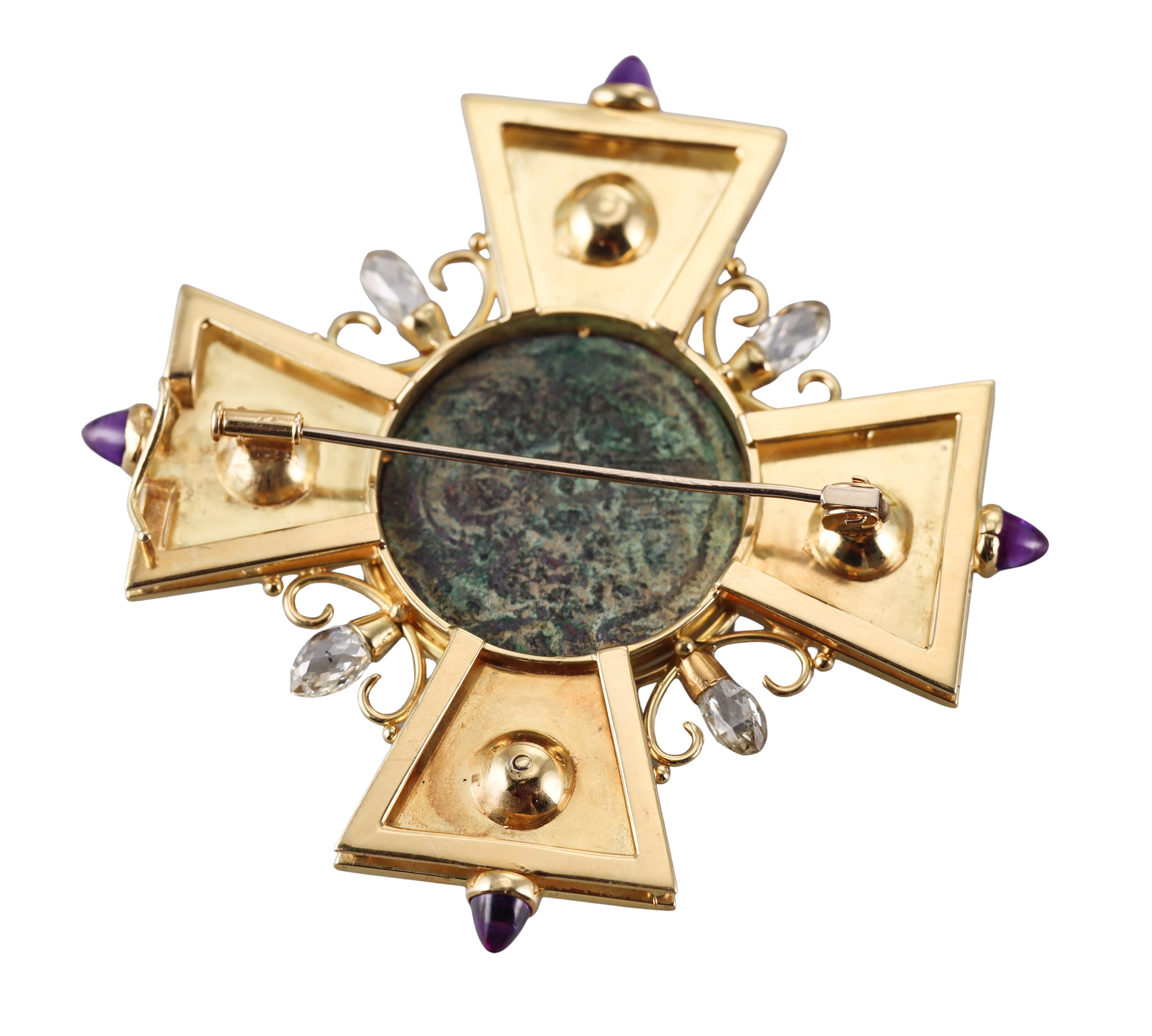 Gold Ancient Coin Diamond Amethyst Pearl Maltese Cross Brooch