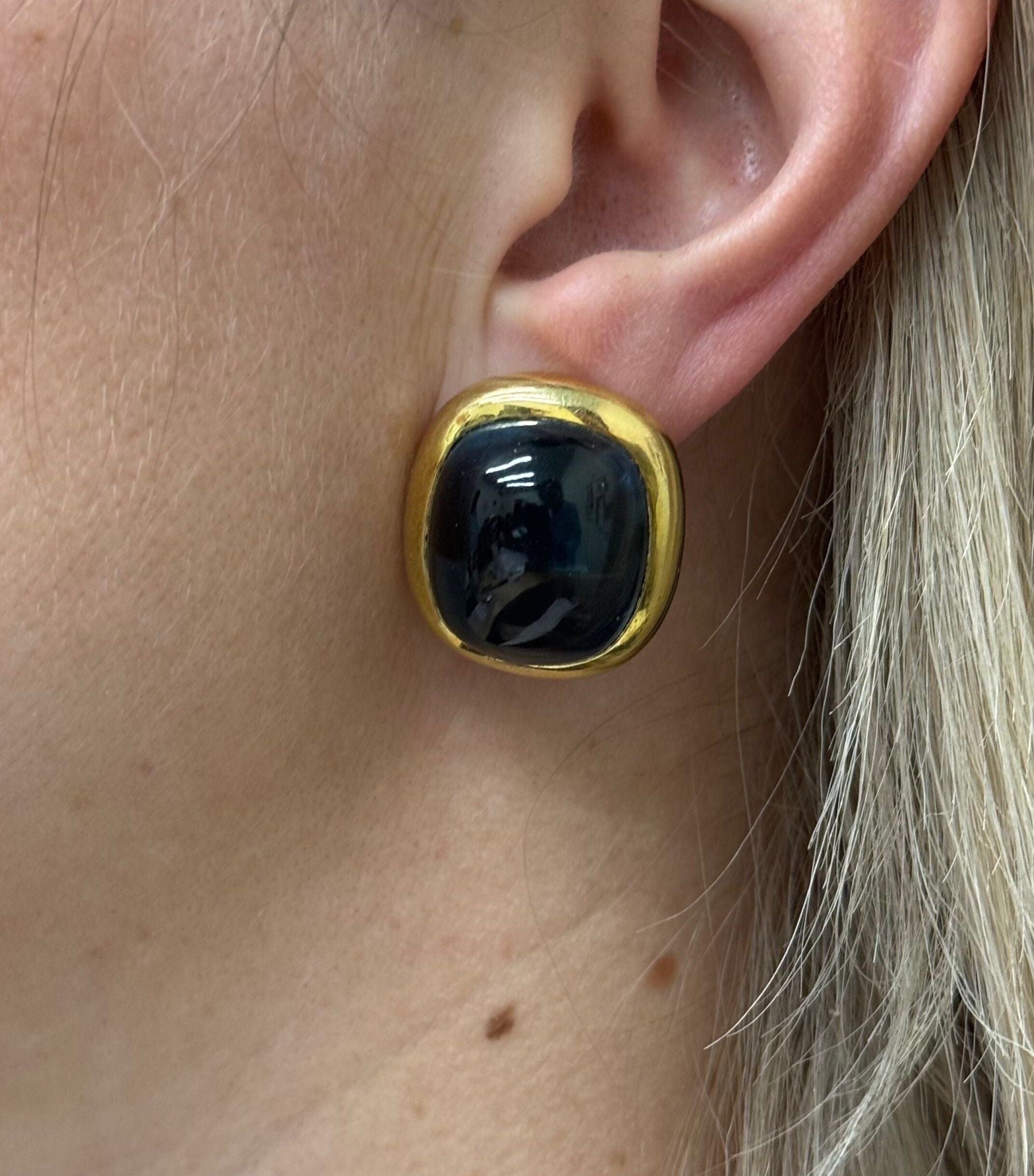 Laura Munder 94ctw London Blue Topaz Gold Cabochon Earrings