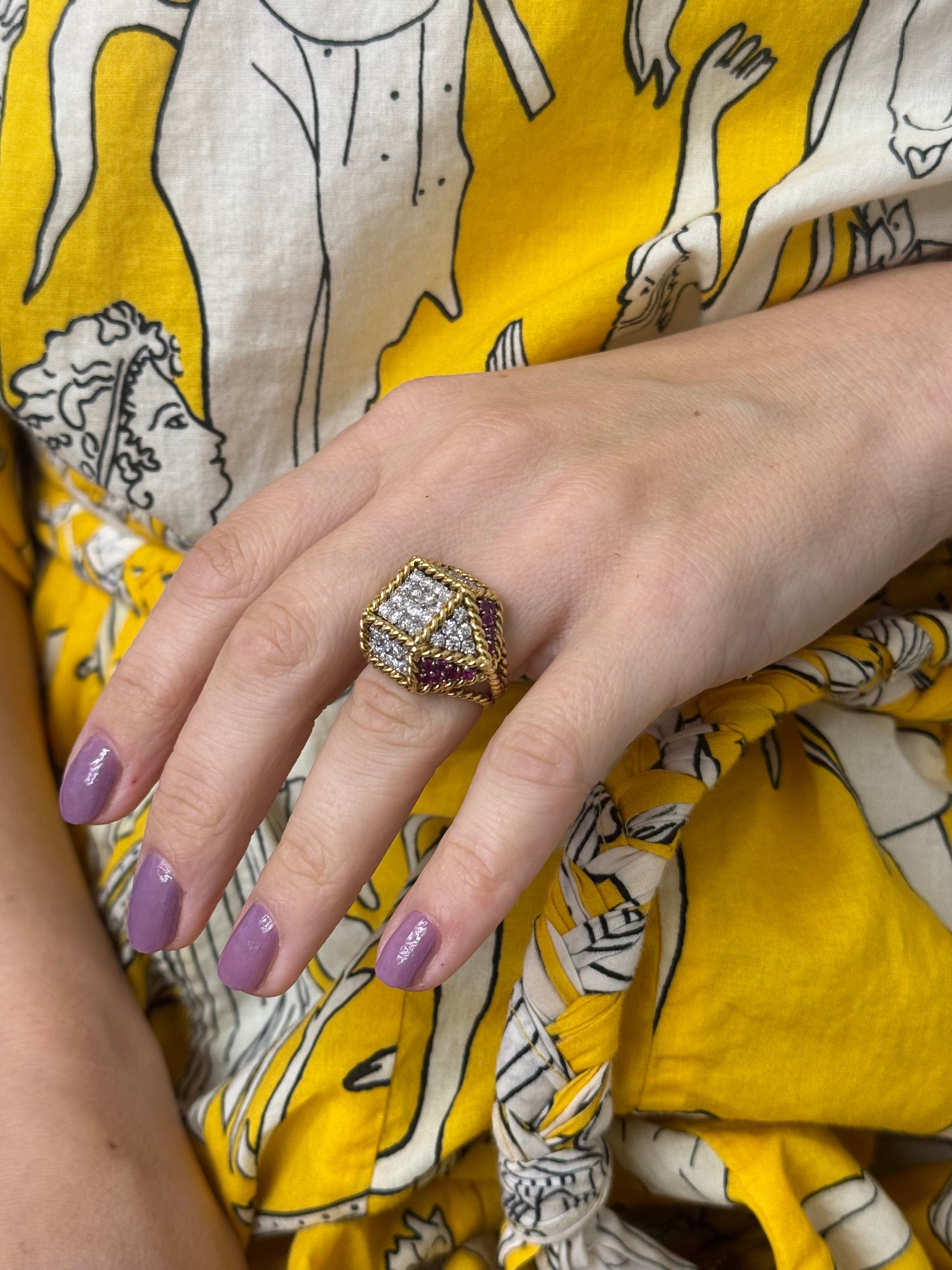 1960s Geometric Gold Woven Diamond Ruby Cocktail Ring