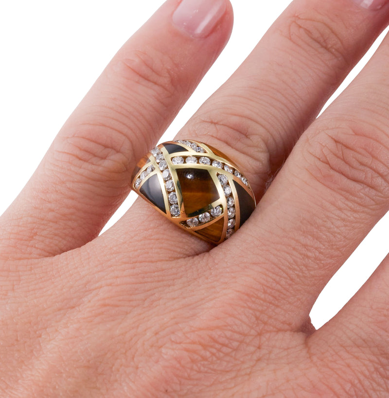 Asch Grossbardt Inlay Tiger's Eye Onyx Diamond Gold Ring