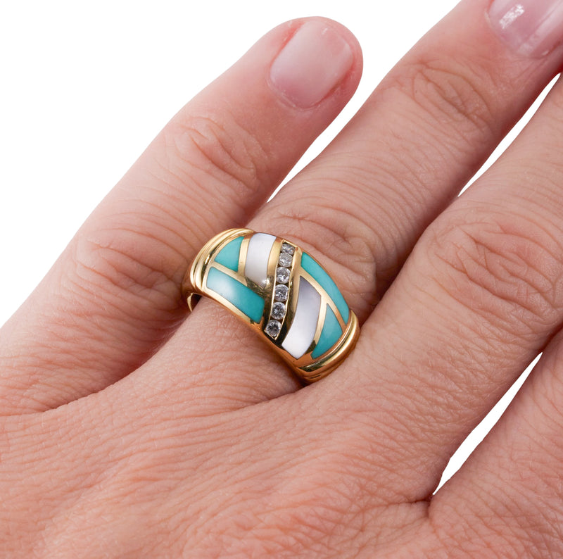 Asch Grossbardt Inlay Mother of Pearl Turquoise Diamond Gold Ring