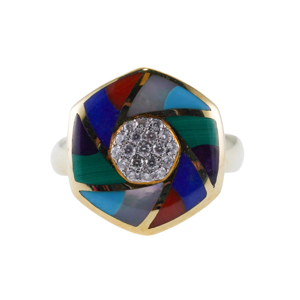 Asch Grossbardt Inlay Coral Turquoise Malachite Diamond Gold Ring