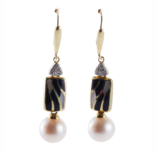 Asch Grossbardt Inlay Mother of Pearl Onyx Diamond Pearl Gold Earrings