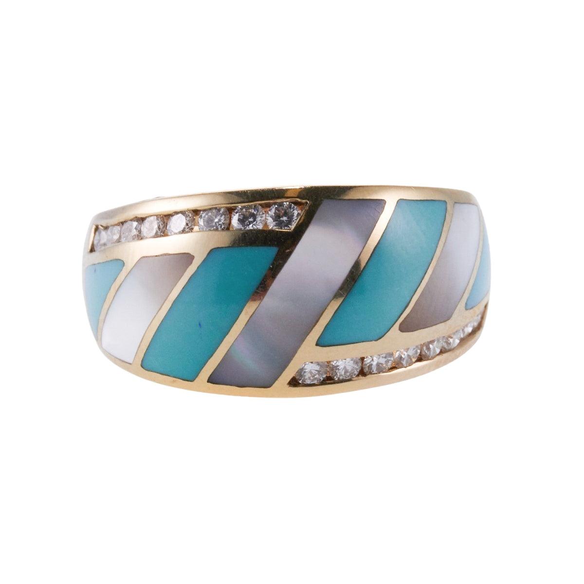 Asch Grossbardt Inlay Mother of Pearl Turquoise Diamond Gold Ring