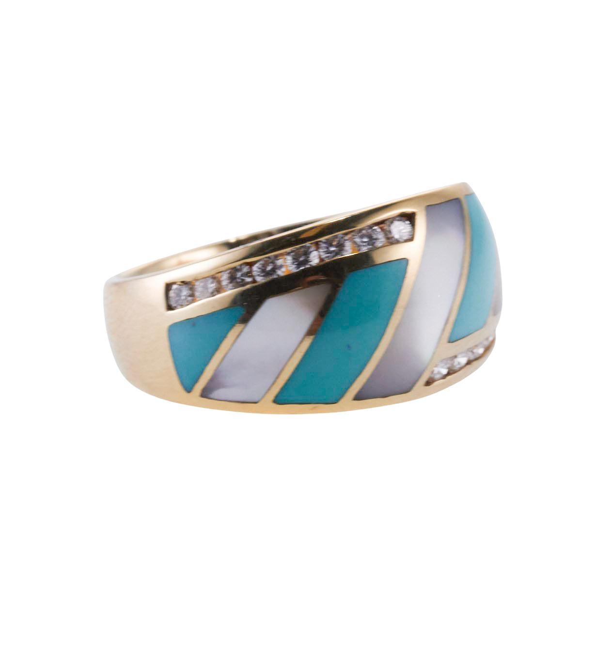 Asch Grossbardt Inlay Mother of Pearl Turquoise Diamond Gold Ring
