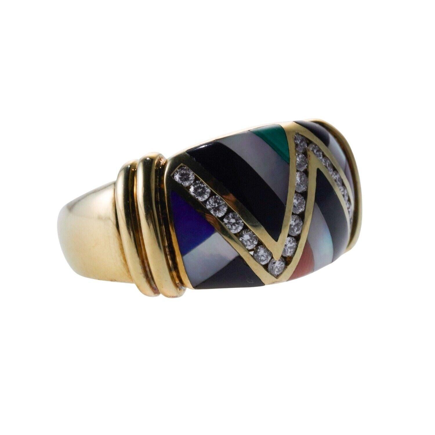 Asch Grossbardt Onyx MOP Lapis Coral Inlay Diamond Gold Ring