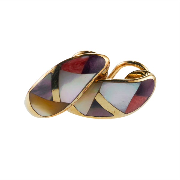 Asch Grossbardt Inlay Mother of Pearl Coral Gold Earrings