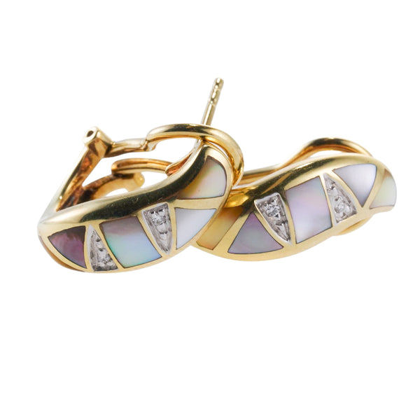 Asch Grossbardt Inlay Mother of Pearl Diamond Gold Earrings
