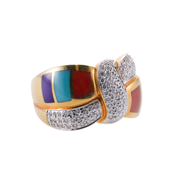Asch Grossbardt Inlay Coral Turquoise Diamond Gold Bow Ring