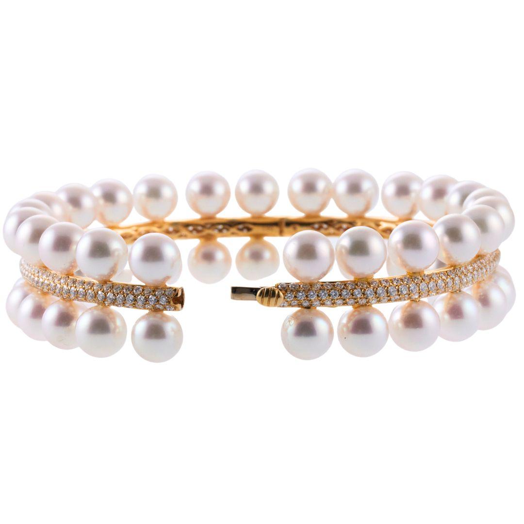 Assael Forever Pearl Diamond Gold Bangle Bracelet