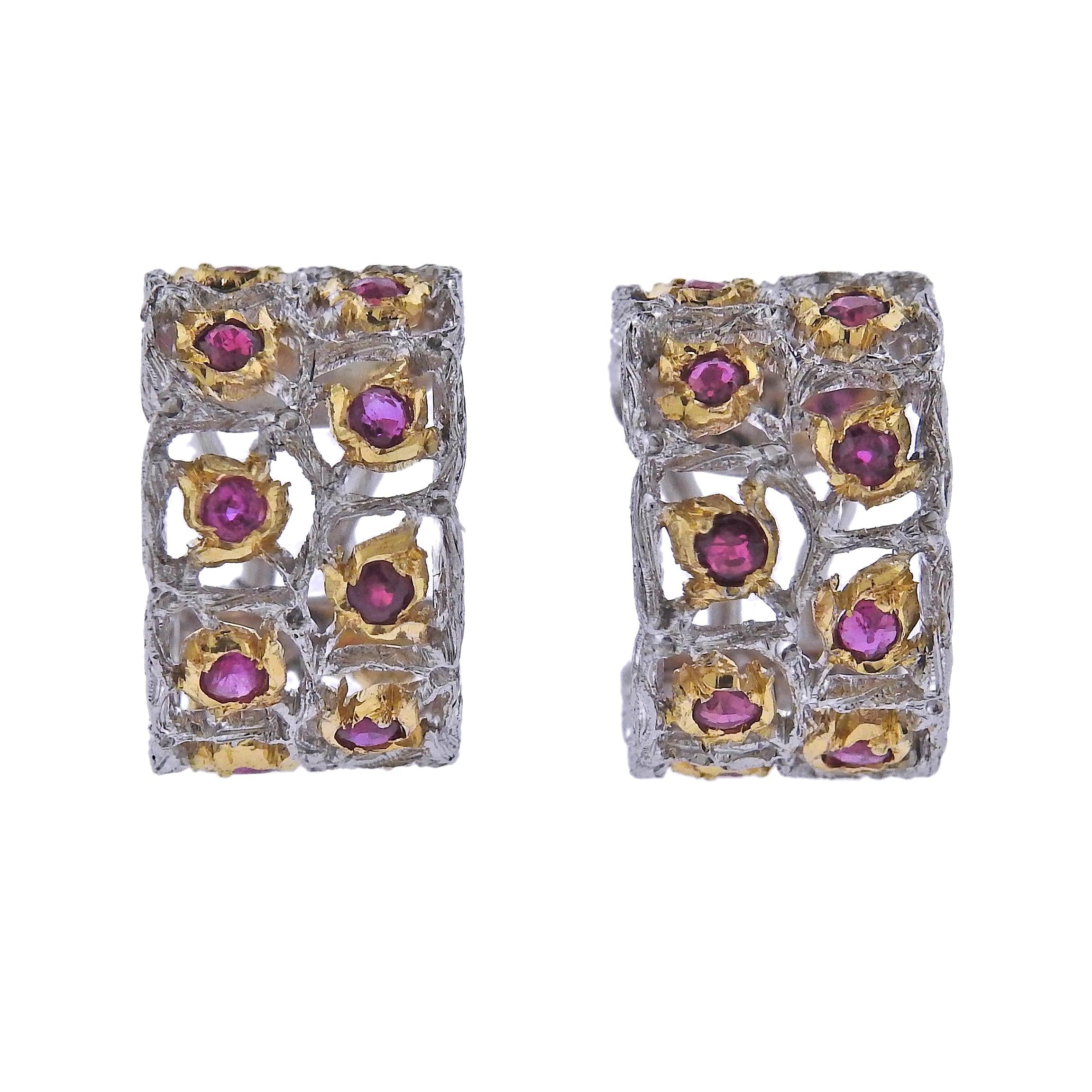 Buccellati Two Color Gold Ruby Wide Hoop Earrings