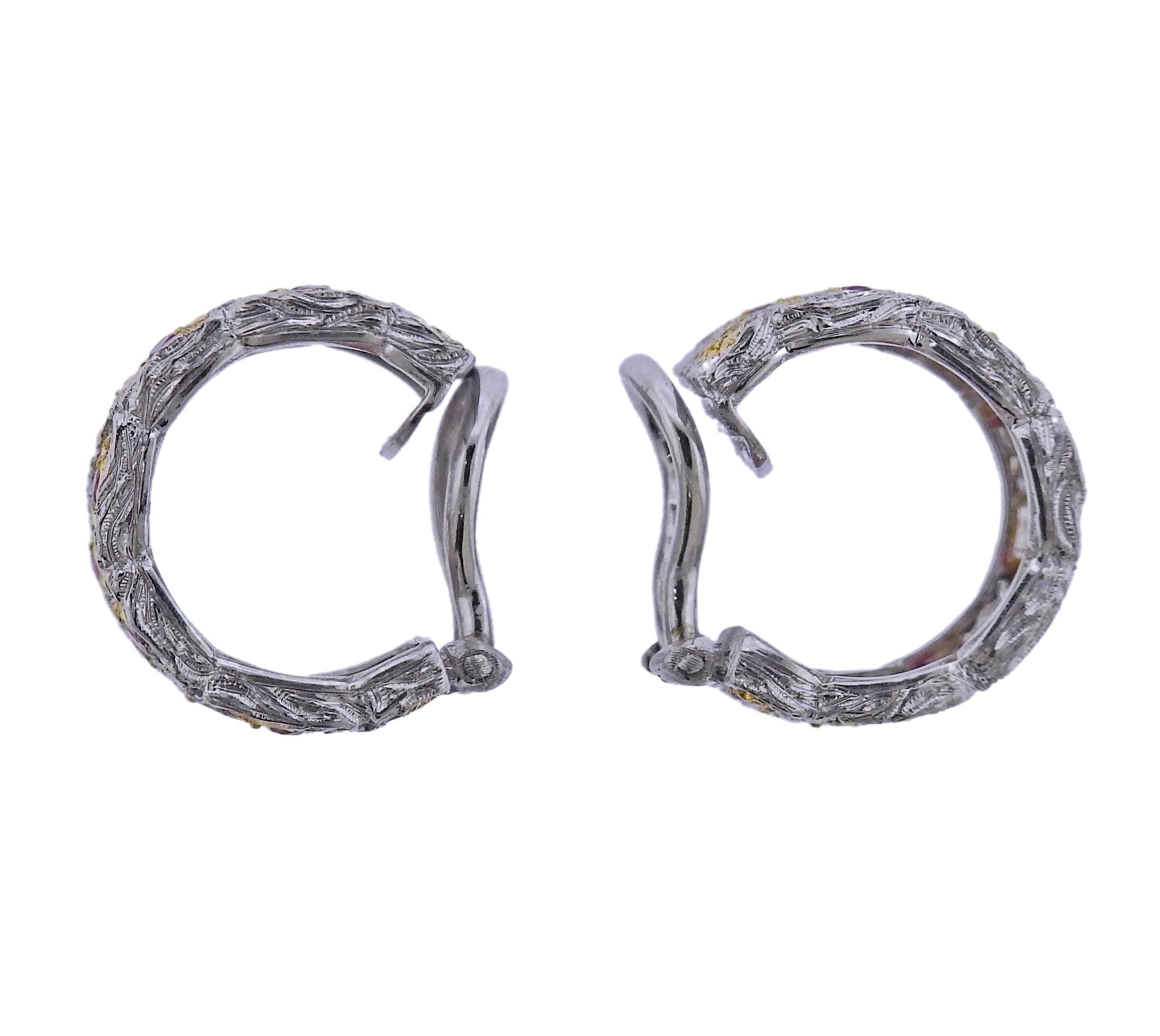 Buccellati Two Color Gold Ruby Wide Hoop Earrings