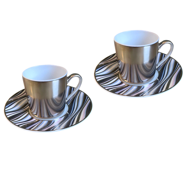 2 New Old Stock Christofle Vagues Platine Coffee Cup and Saucer Set 7649512