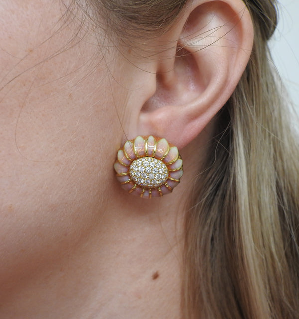 Italian 18k Gold Diamond Enamel Flower Earrings