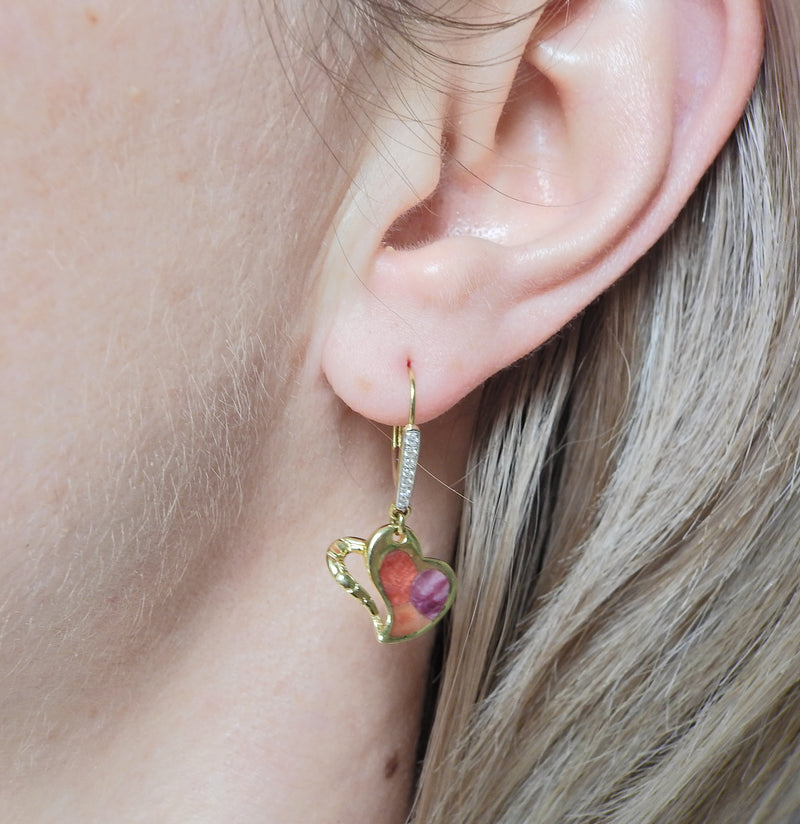 Asch Grossbardt Inlay Gemstone Diamond Gold Heart Earrings