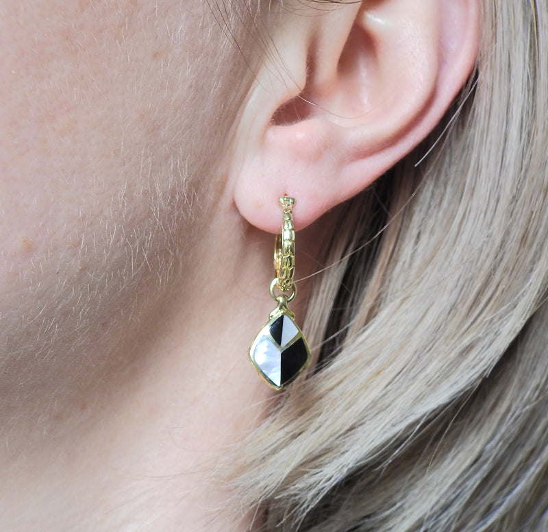 Asch Grossbardt Inlay Mother of Pearl Onyx Gold Earrings