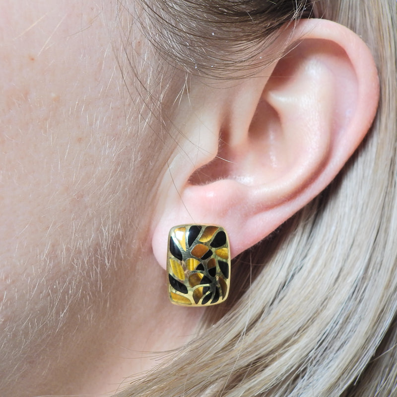 Asch Grossbardt Inlay Onyx Tiger's Eye Gold Earrings