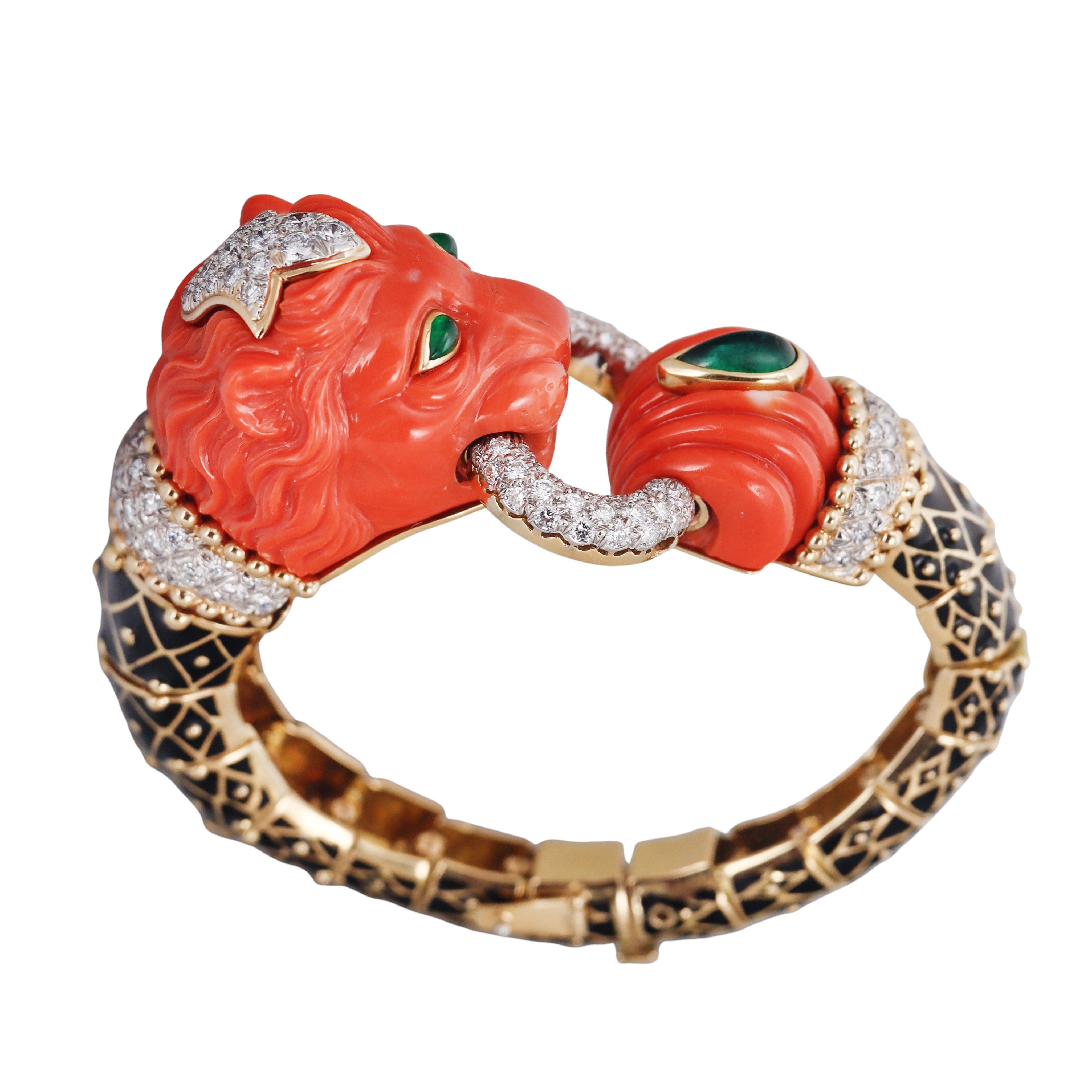 David Webb Diamond Coral Emerald Enamel Gold Platinum Lion Bracelet